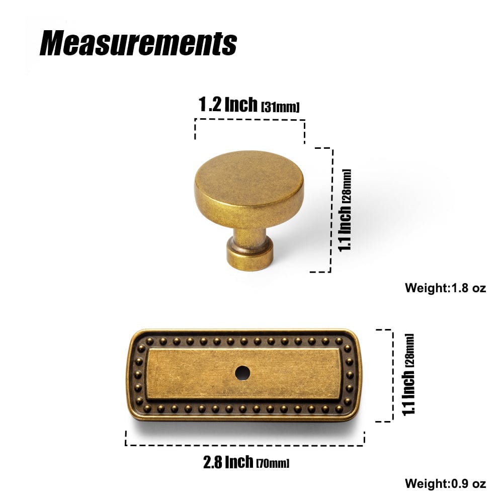 Vintage Brass Zinc Alloy Cabinet Knob with Back Plate Single Hole Center Kitchen Hardware