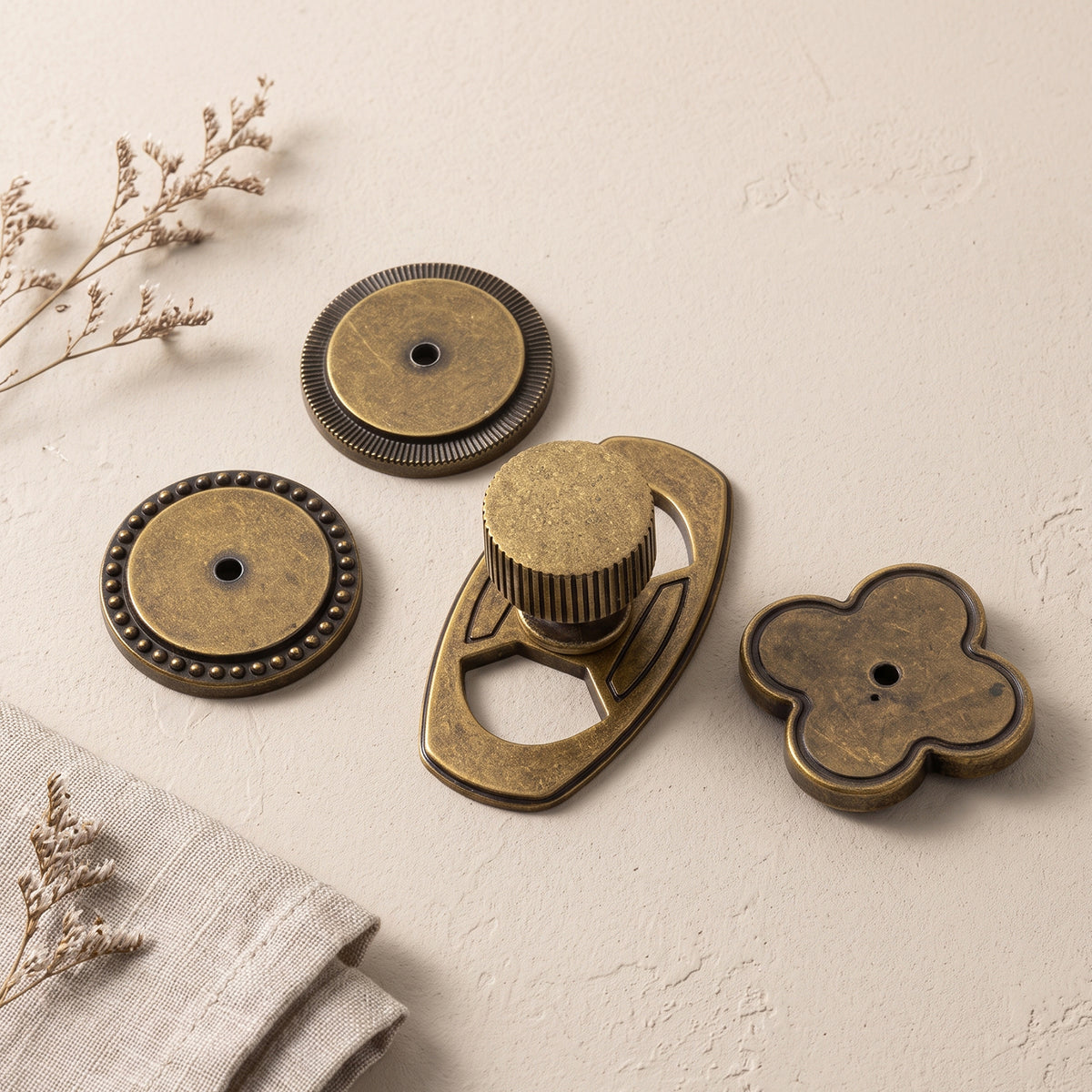 6 Pack Knurled Zinc Alloy Cabinet Knob with Assorted Decorative Backplates, Drawer Single Hole Knob