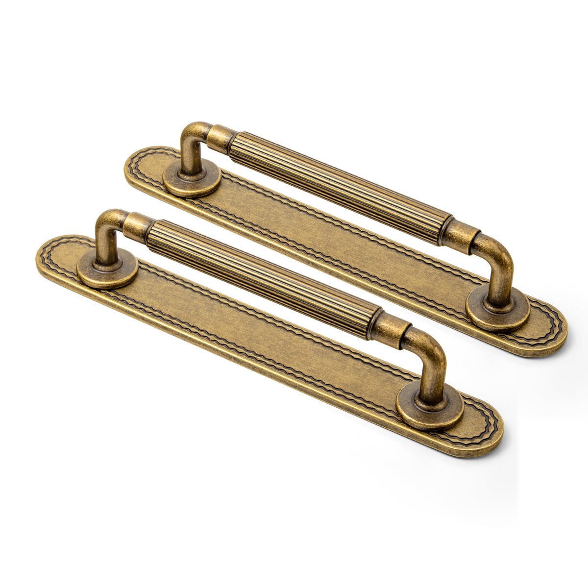 2 Pack Zinc Alloy Fluted Cabinet Handles with Ornate Backplates, Grooved Bar Pulls for Furniture Cabinet Hardware