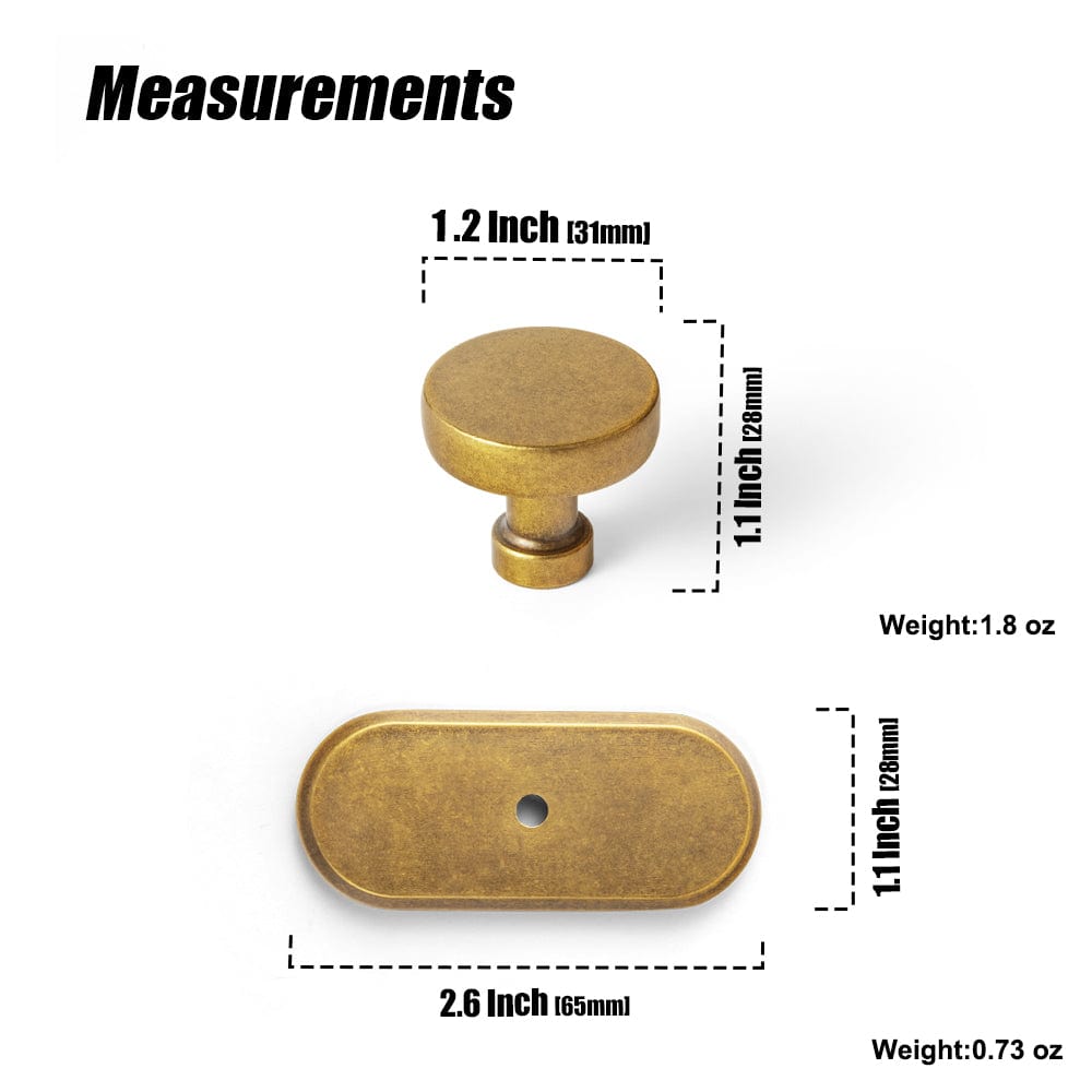 Vintage Brass Zinc Alloy Cabinet Knob with Back Plate Single Hole Center Kitchen Hardware