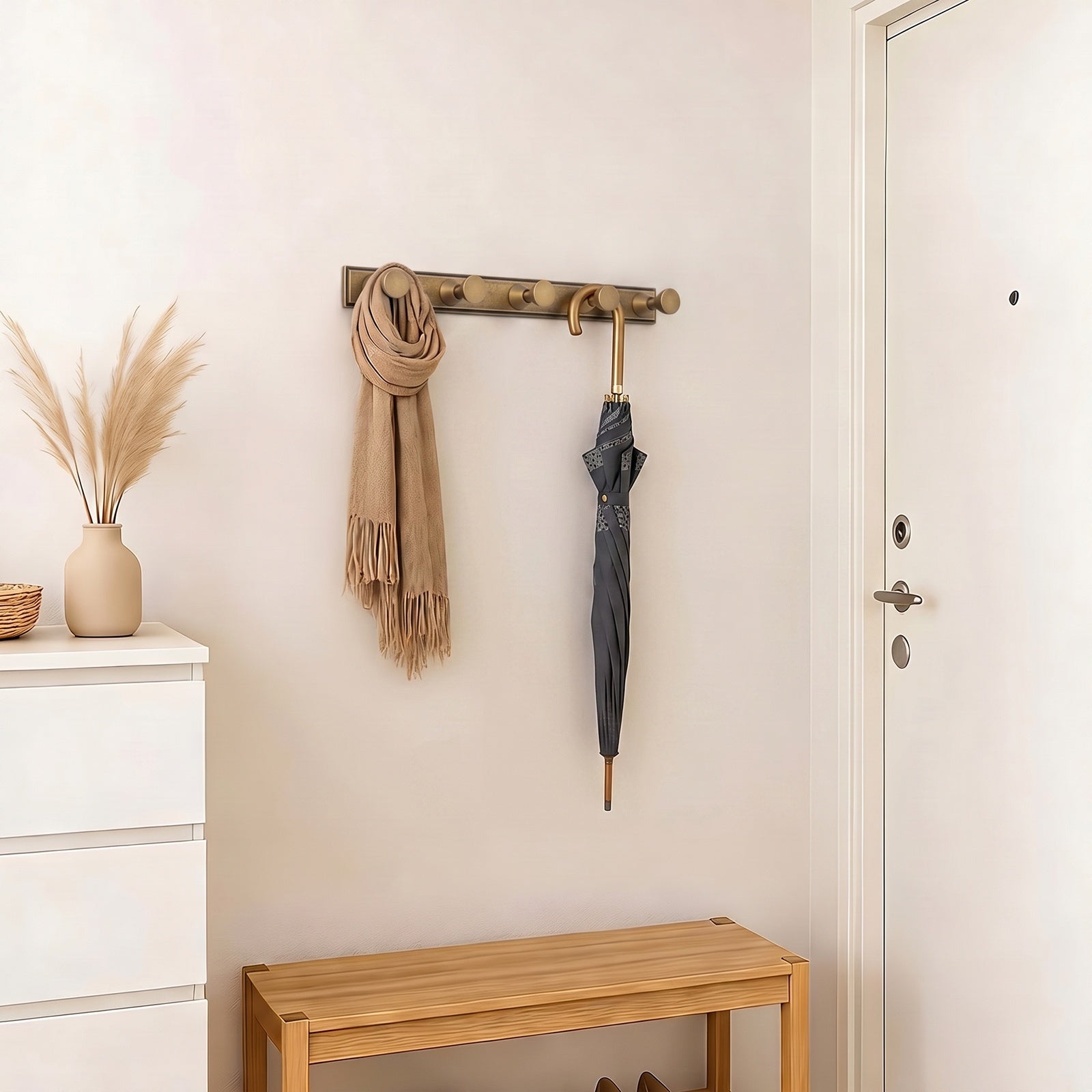 Wall Mount Hook Rail, Zinc Alloy Backplate with Aluminum Hooks for Entryway & Bathroom Organization