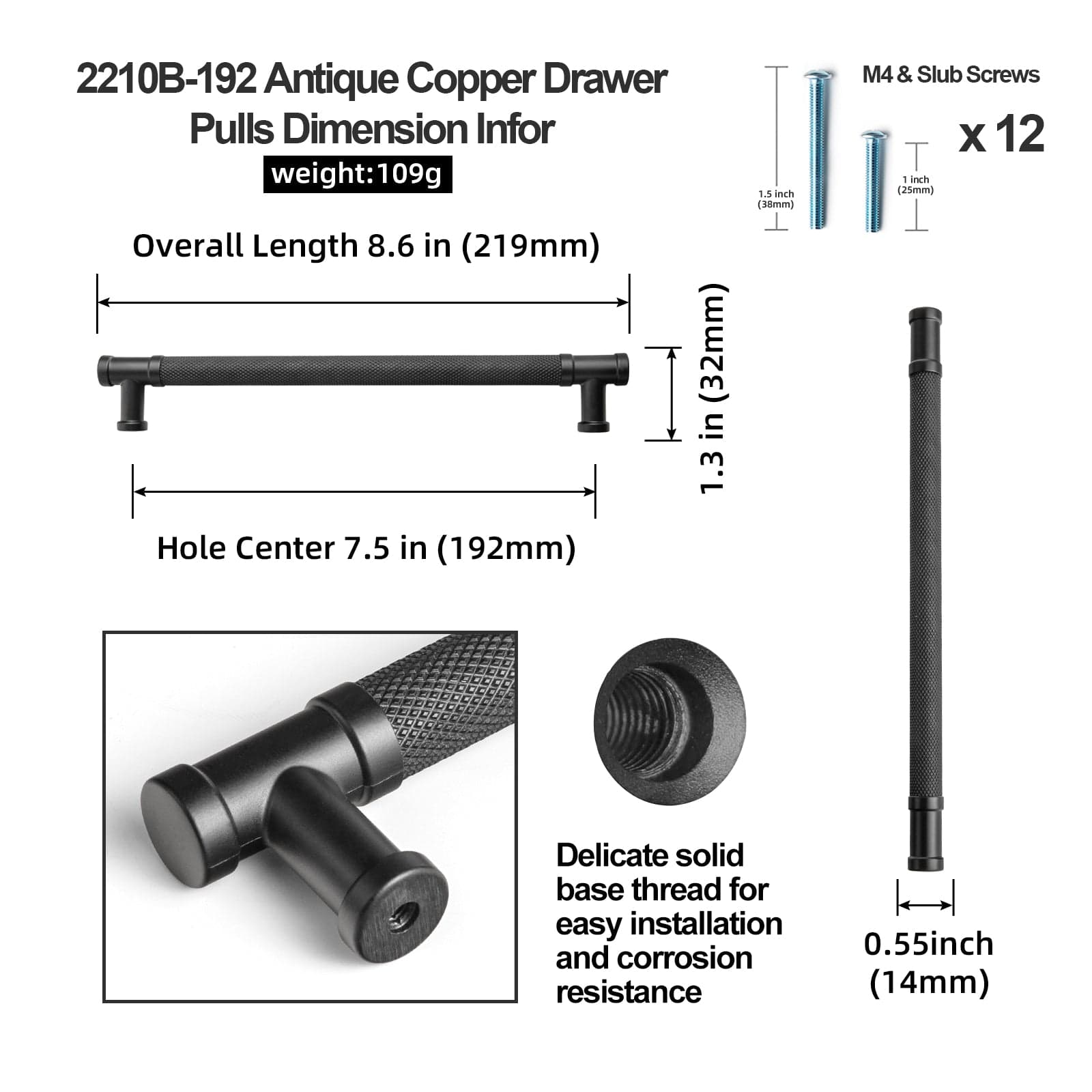Knurled Metal Alloy Vintage Bronze Bar Pull Kitchen Hardware