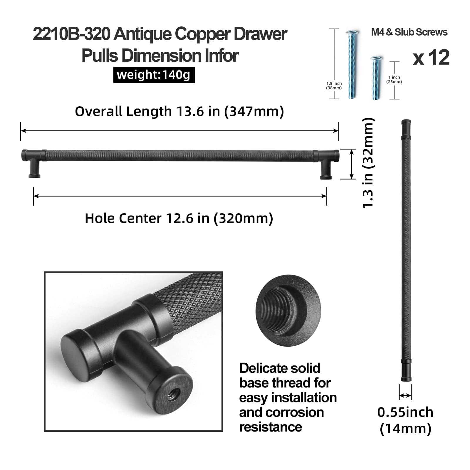 Knurled Metal Alloy Vintage Bronze Bar Pull Kitchen Hardware