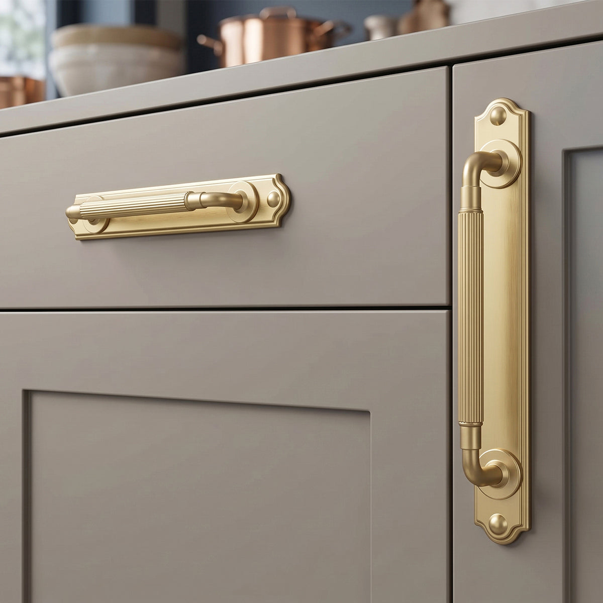 2 Pack Zinc Alloy Fluted Cabinet Handles with Ornate Backplates, Grooved Bar Pulls for Furniture Cabinet Hardware