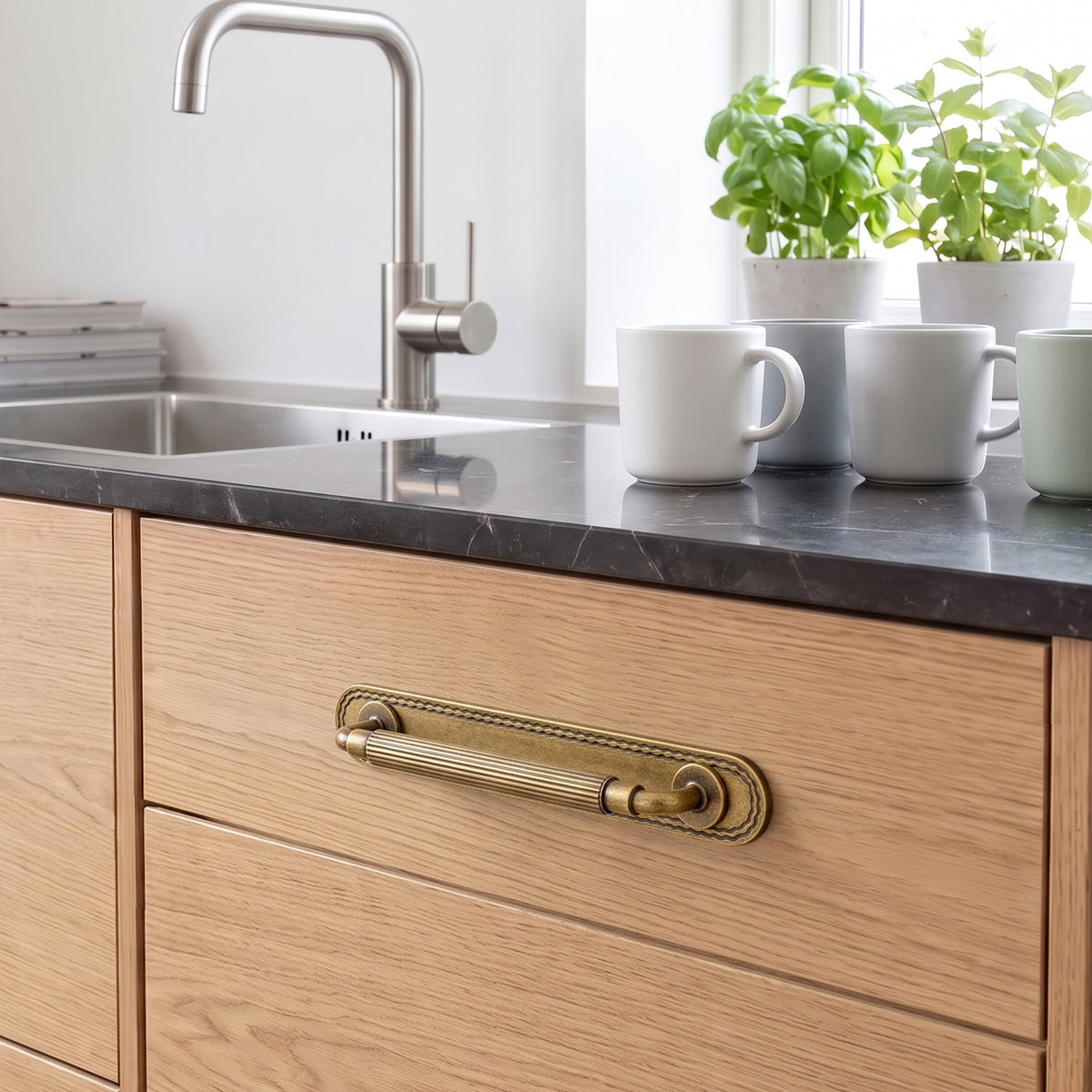 2 Pack Zinc Alloy Fluted Cabinet Handles with Ornate Backplates, Grooved Bar Pulls for Furniture Cabinet Hardware