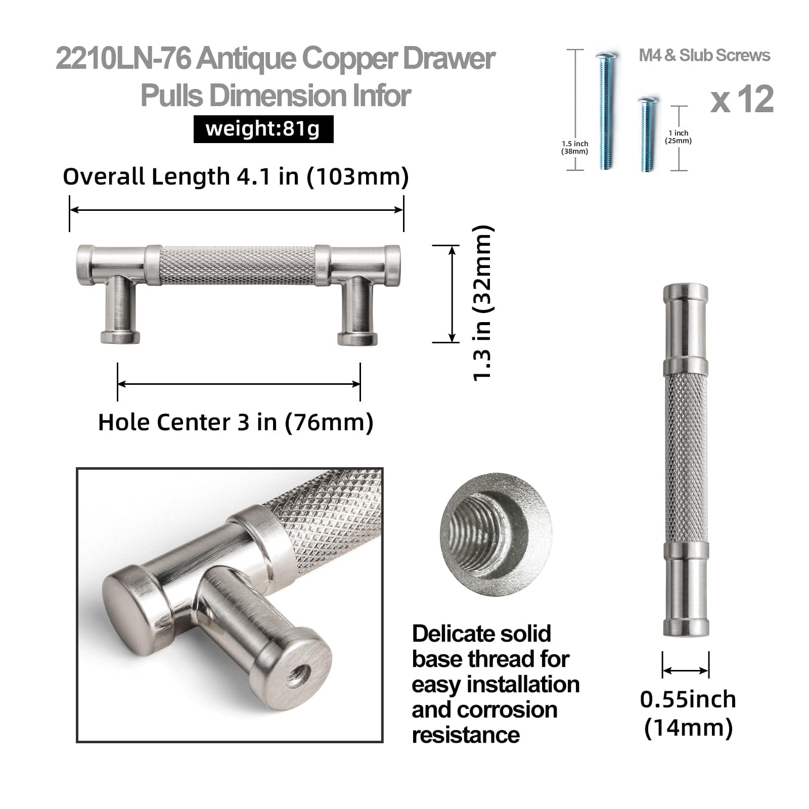Knurled Metal Alloy Vintage Bronze Bar Pull Kitchen Hardware