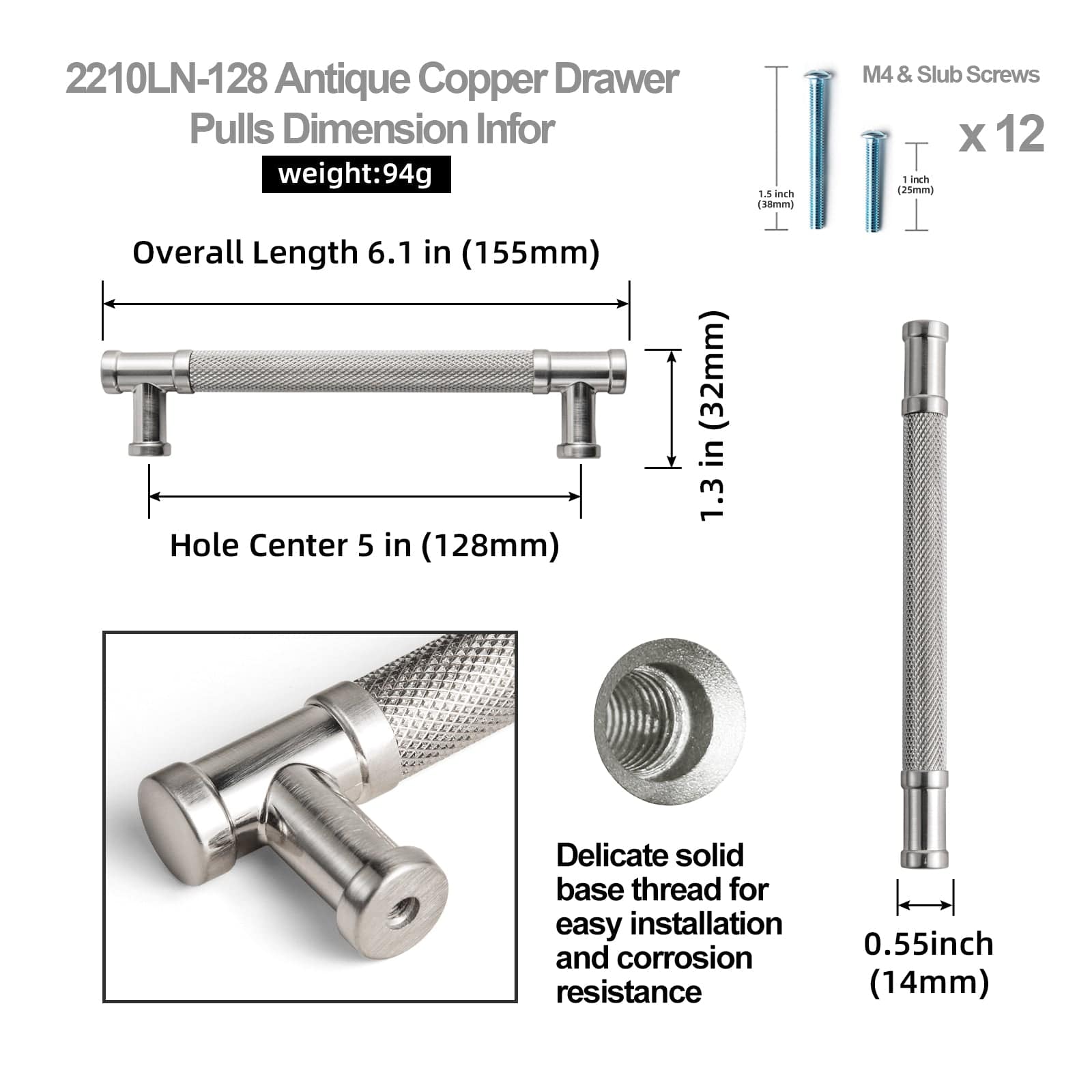 Knurled Metal Alloy Vintage Bronze Bar Pull Kitchen Hardware