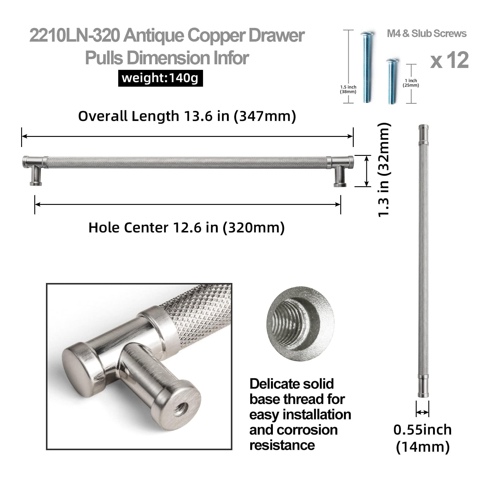 Knurled Metal Alloy Vintage Bronze Bar Pull Kitchen Hardware