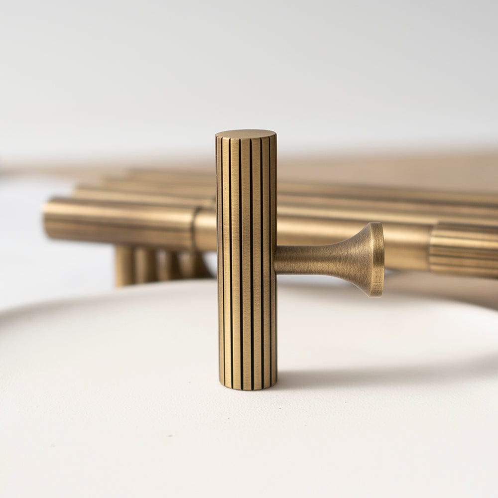Goo-Ki Antique Brass Cabinet Handles Linear Knurled Solid Brass Drawer Knobs 1 Pcs