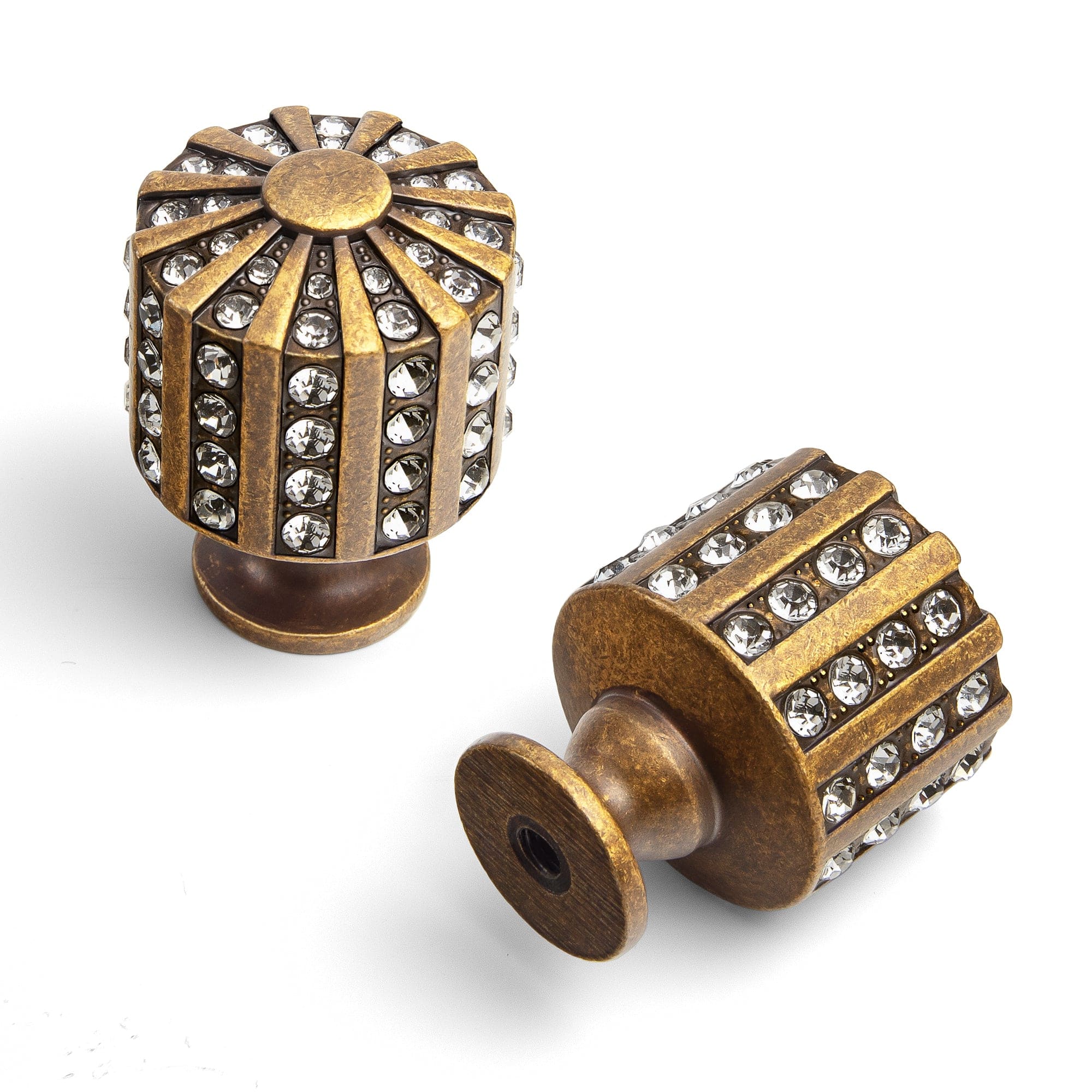 Goo-Ki Antique Brass / Faceted Column / 6 Pack Crystal Inlaid Ornate Cabinet Knobs - Antique Brass Zinc Alloy Sphere & Faceted Column Drawer Pulls