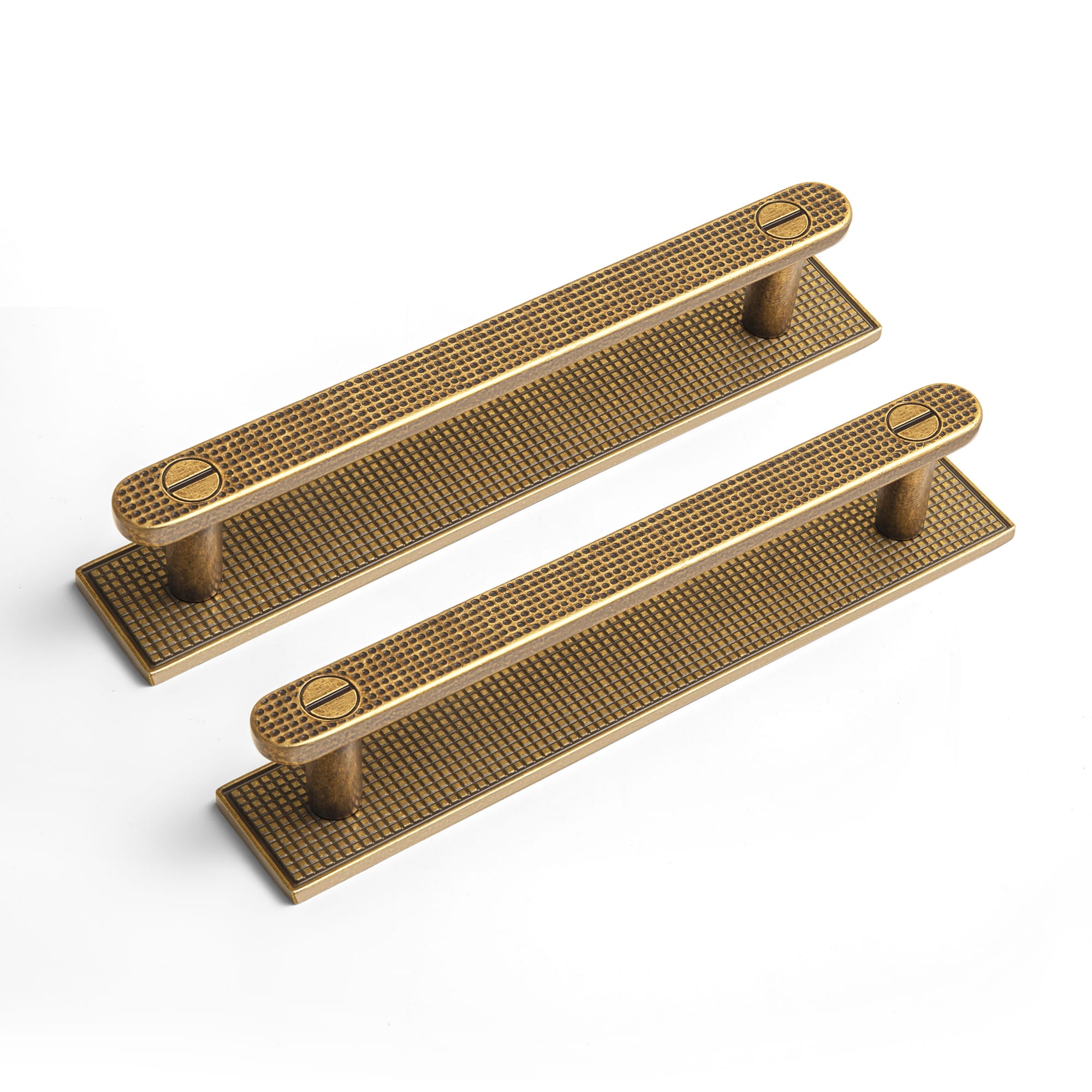 Goo-Ki Antique Brass / G017 / 5'' Hole Center 2 Pack Mid-Century Cabinet Pulls, Zinc Alloy Drawer Handles with Embossed Grid Backplate, Kitchen & Furniture Replacement Hardware