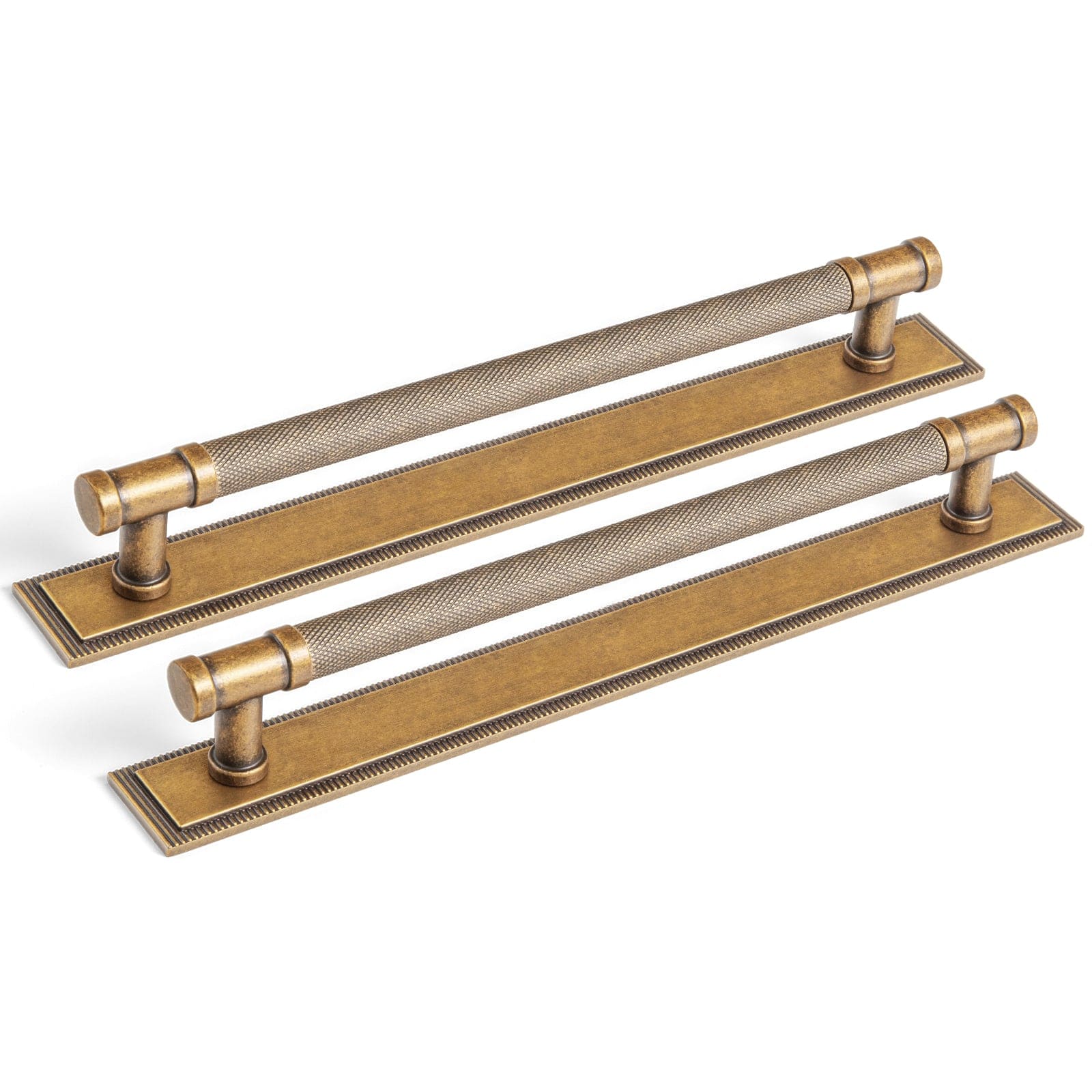Goo-Ki Antique Brass / G022 / 7.6'' Hole Center 2 Pack Knurled Metal Alloy Vintage Bronze Bar Pull with Back Plate Kitchen Hardware