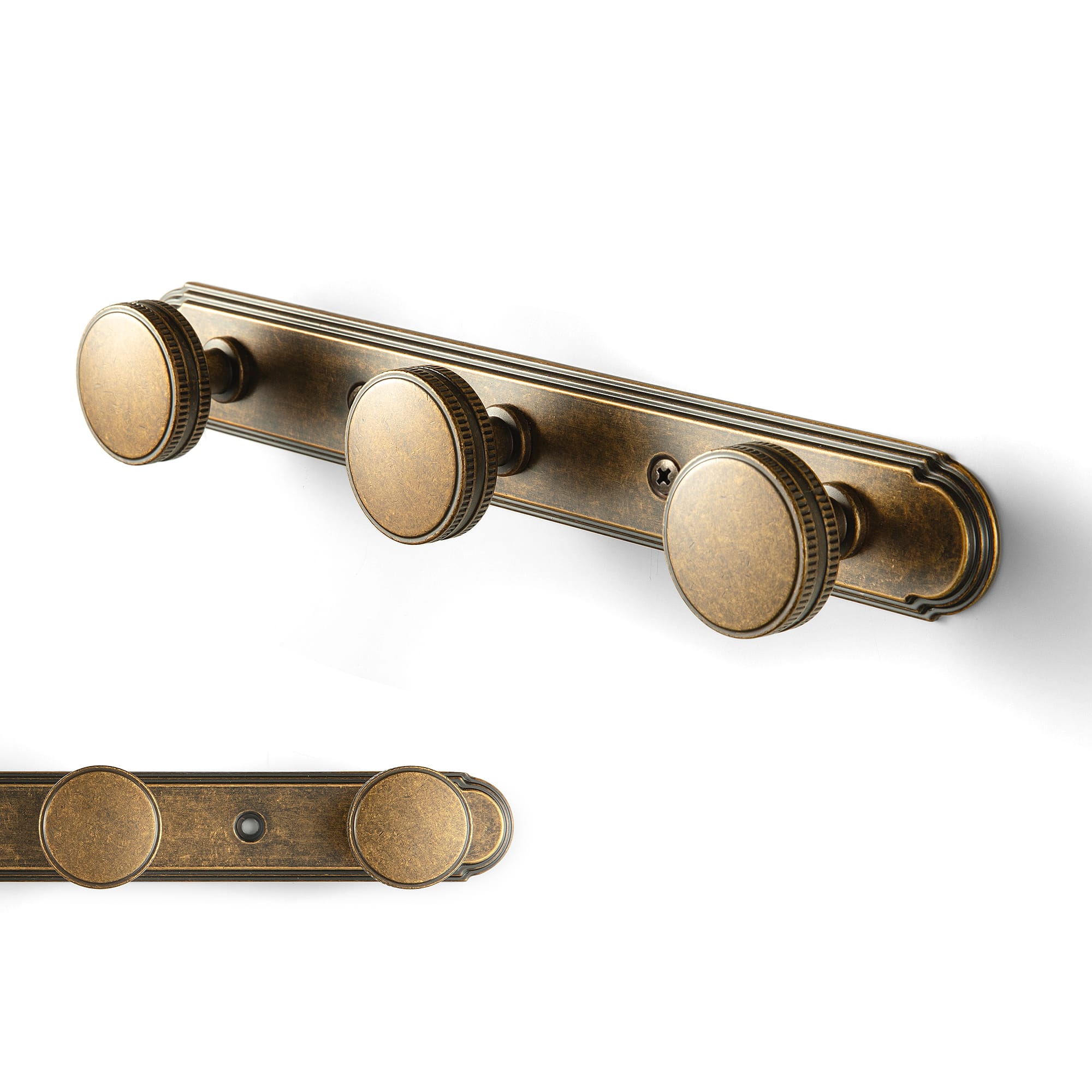 Goo-Ki Antique Brass / H014 / 3 Vintage Zinc Alloy Coat Hook Rail with Knurled Round Knobs, Wall-Mounted Hanger Rack for Entryway, Bathroom & Closet