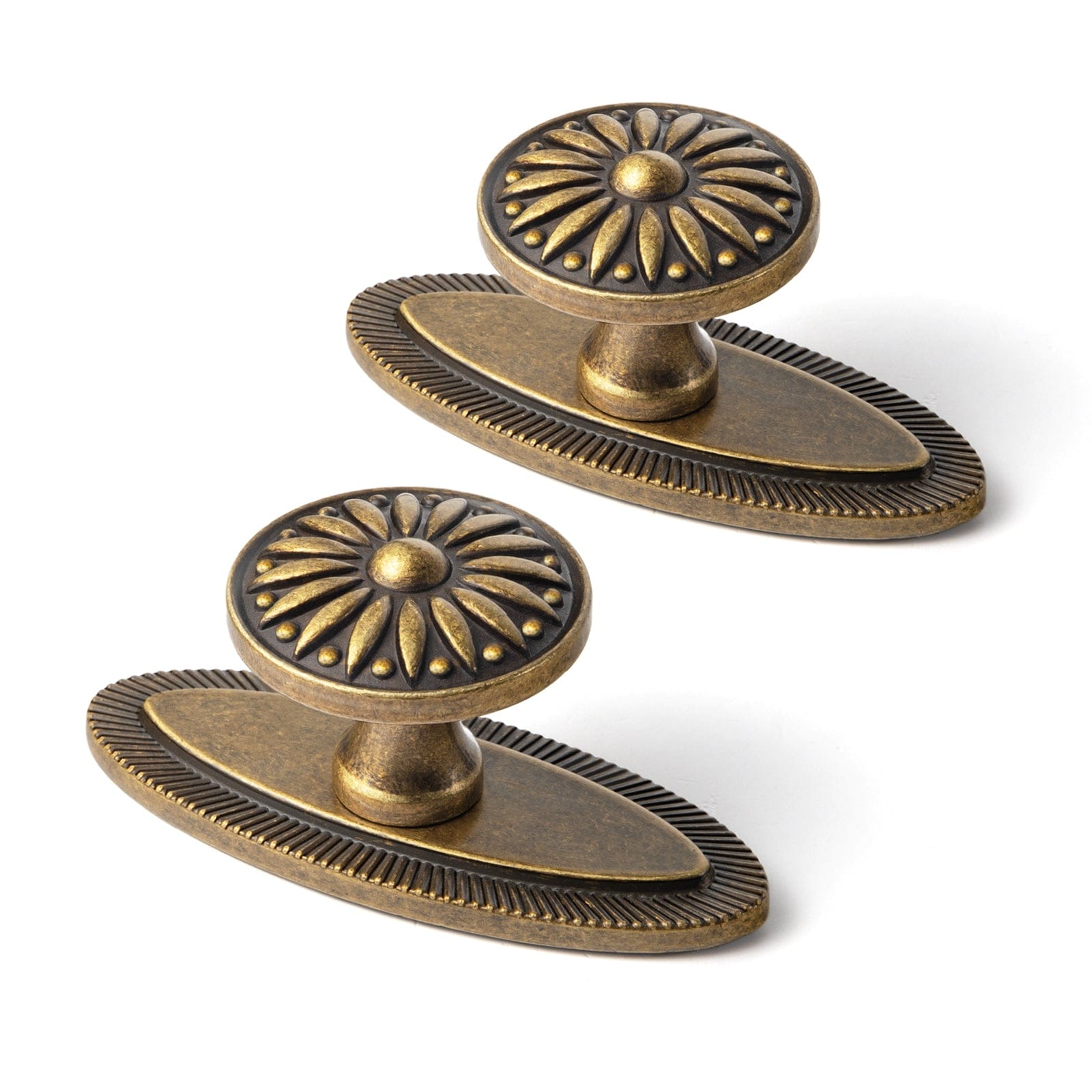 Goo-Ki Antique Brass / Knob with Back Plate E / 2 Pack Vintage Sunburst Cabinet Knobs Ornate Floral Design with Distressed Finish Kitchen Drawer Knobs