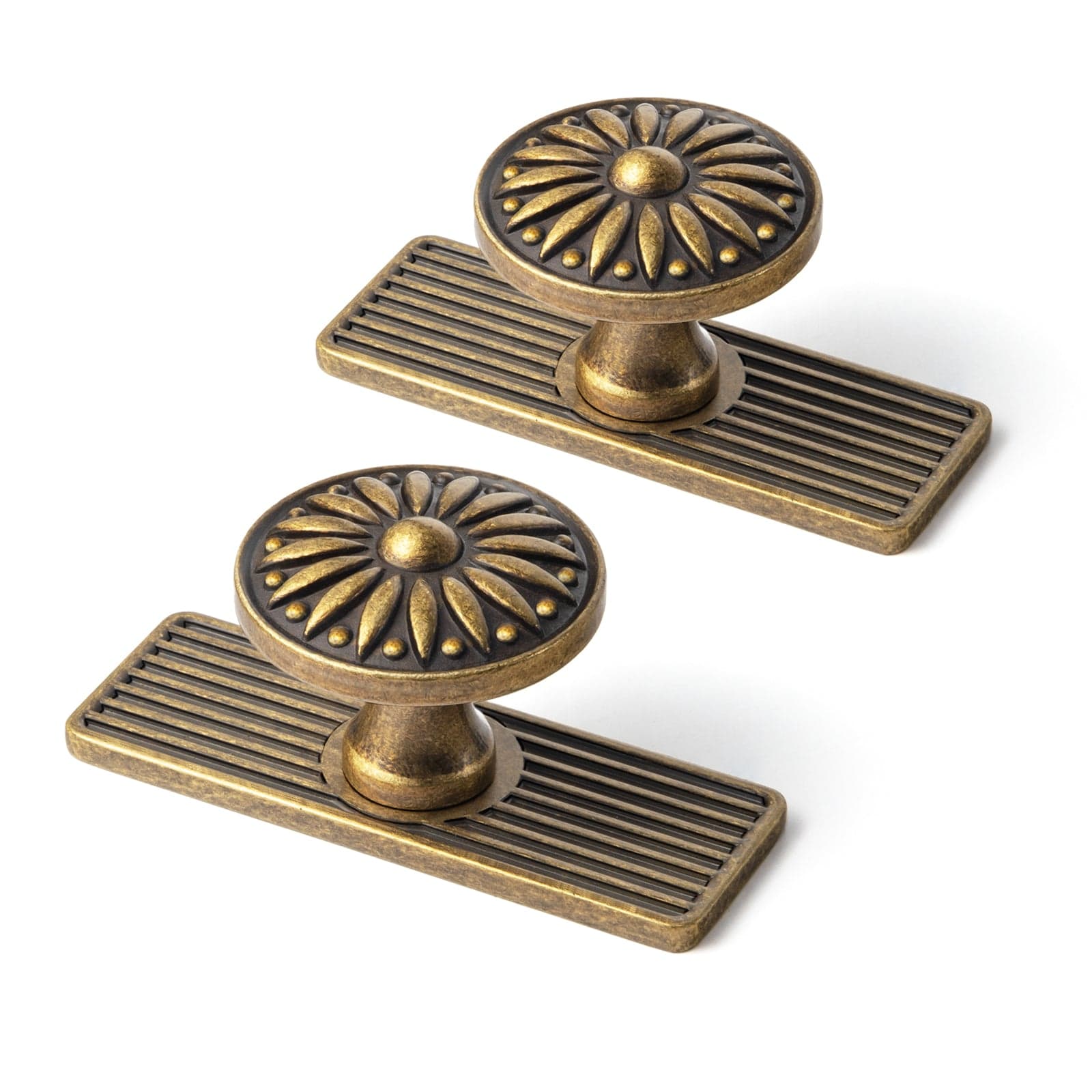Goo-Ki Antique Brass / Knob with Back Plate G / 2 Pack Vintage Sunburst Cabinet Knobs Ornate Floral Design with Distressed Finish Kitchen Drawer Knobs