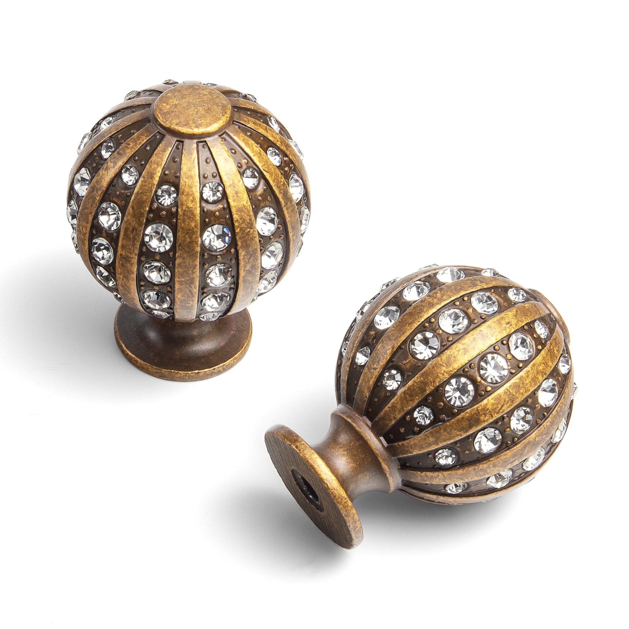 Goo-Ki Antique Brass / Sphere / 6 Pack Crystal Inlaid Ornate Cabinet Knobs - Antique Brass Zinc Alloy Sphere & Faceted Column Drawer Pulls