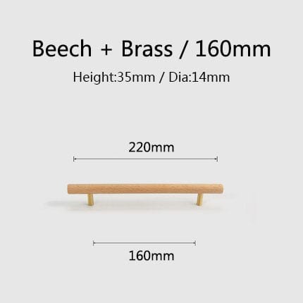 Goo-Ki Beech / 6.3'' Hole Center / 6 Pack Natural Walnut + Brass Furniture Handle Wooden Kitchen Cabinet Pull