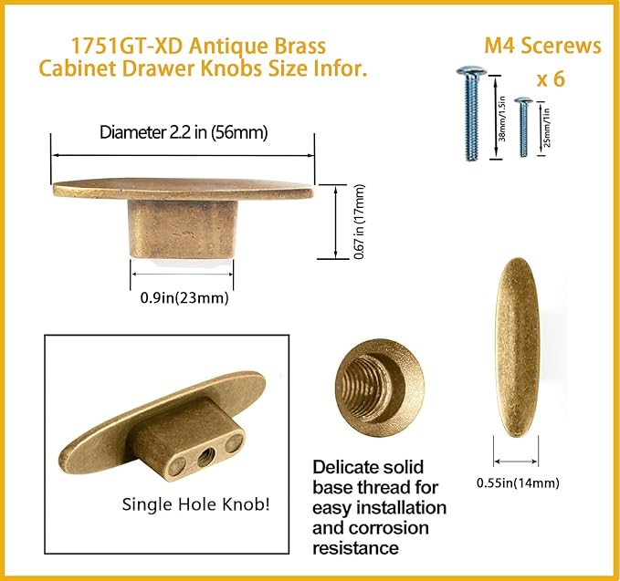 Goo-Ki 【EU Order】European Style Retro Brass Drawer Knobs for Dresser Cupboard Vintage Bronze T Knob