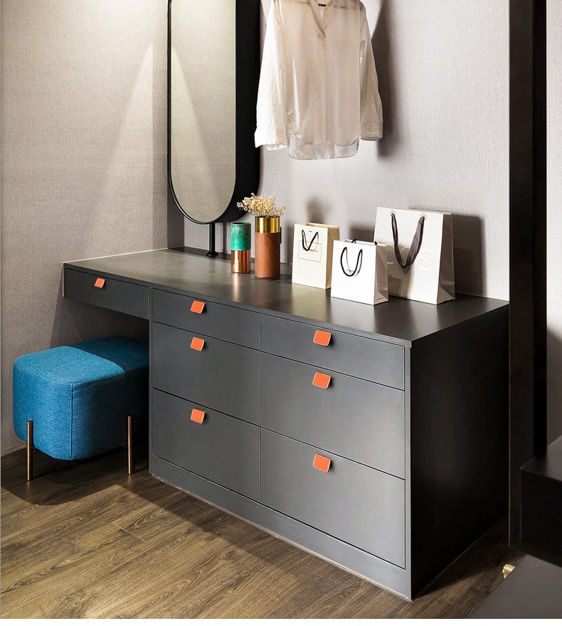 Goo-Ki Genuine Leather Inlaid Orange Red Handles Light Luxury Modern Cabinet Pulls