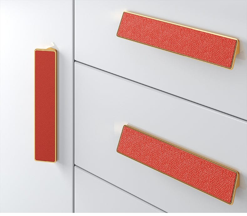 Goo-Ki Genuine Leather Inlaid Orange Red Handles Light Luxury Modern Cabinet Pulls