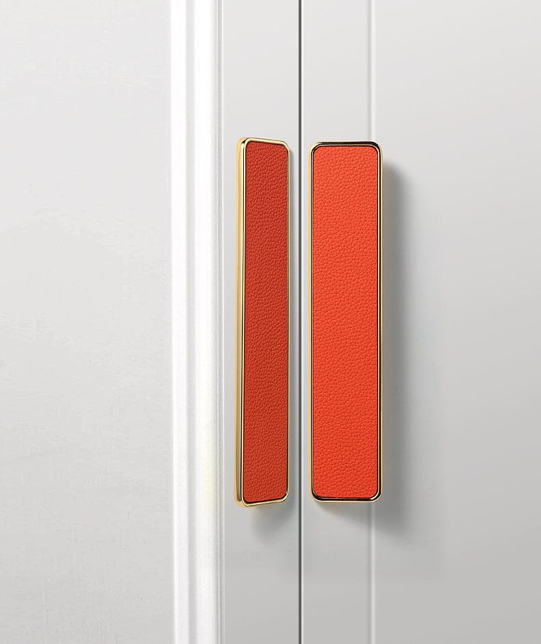 Goo-Ki Genuine Leather Inlaid Orange Red Handles Light Luxury Modern Cabinet Pulls