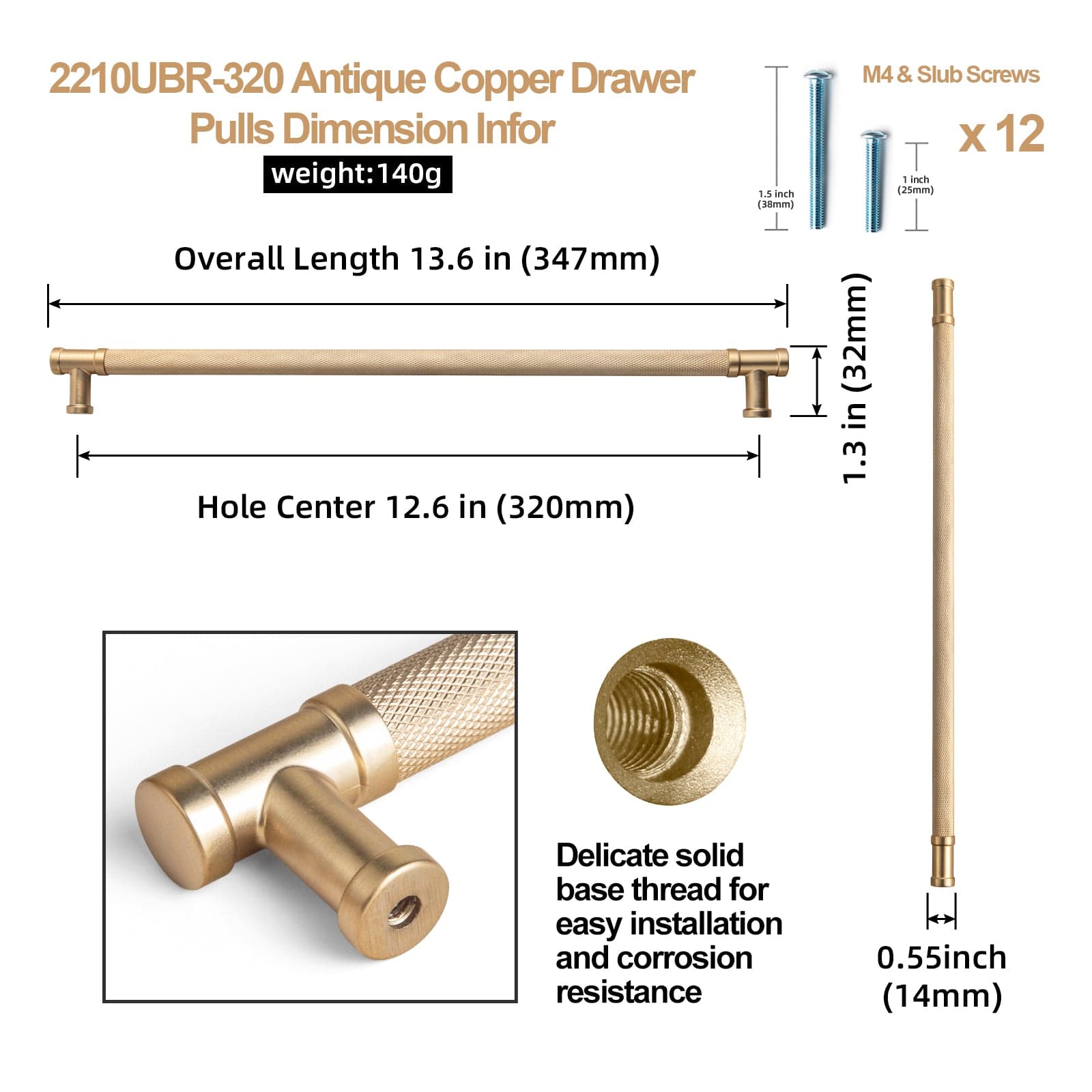 Goo-Ki Knurled Metal Alloy Vintage Bronze Bar Pull Kitchen Hardware