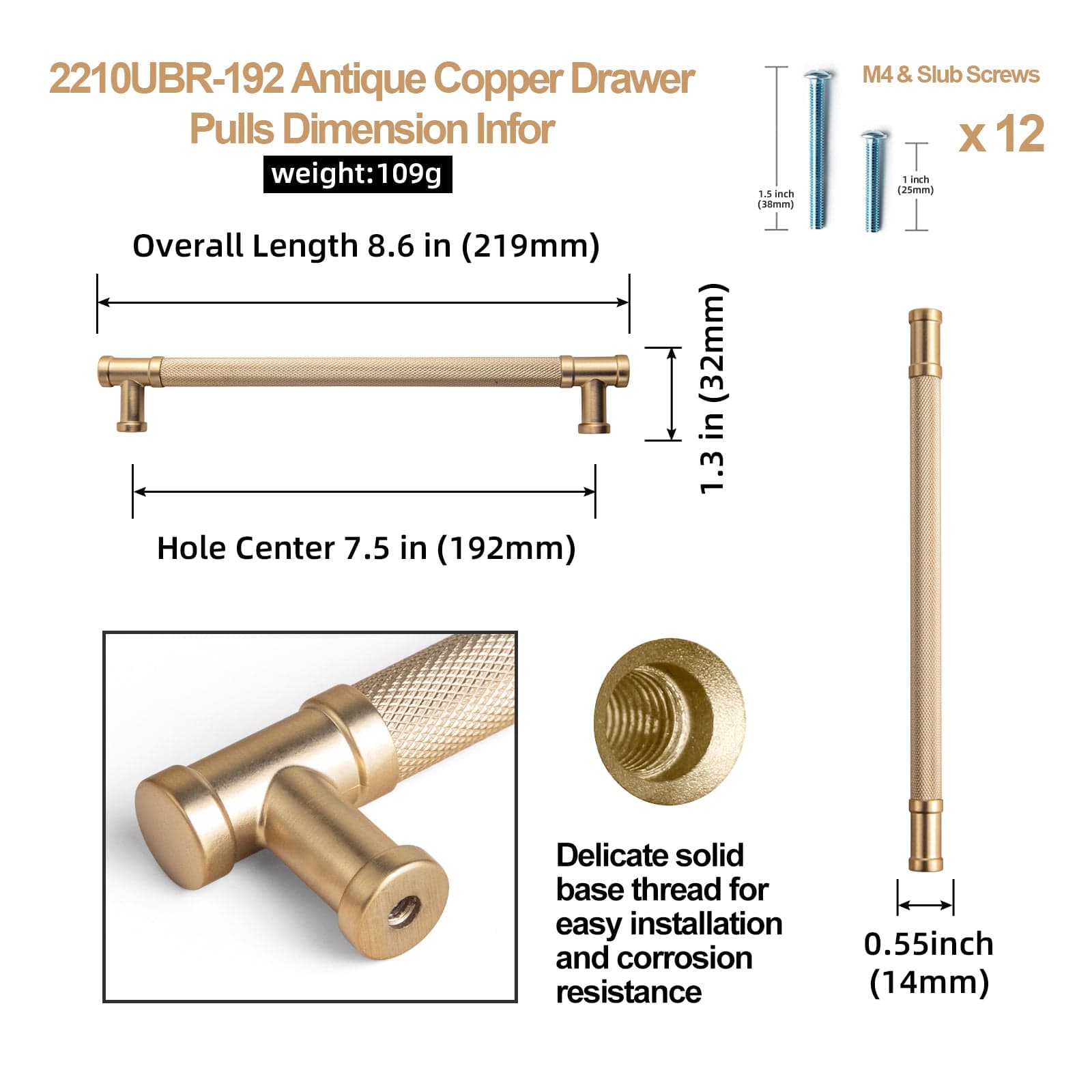 Goo-Ki Knurled Metal Alloy Vintage Bronze Bar Pull Kitchen Hardware