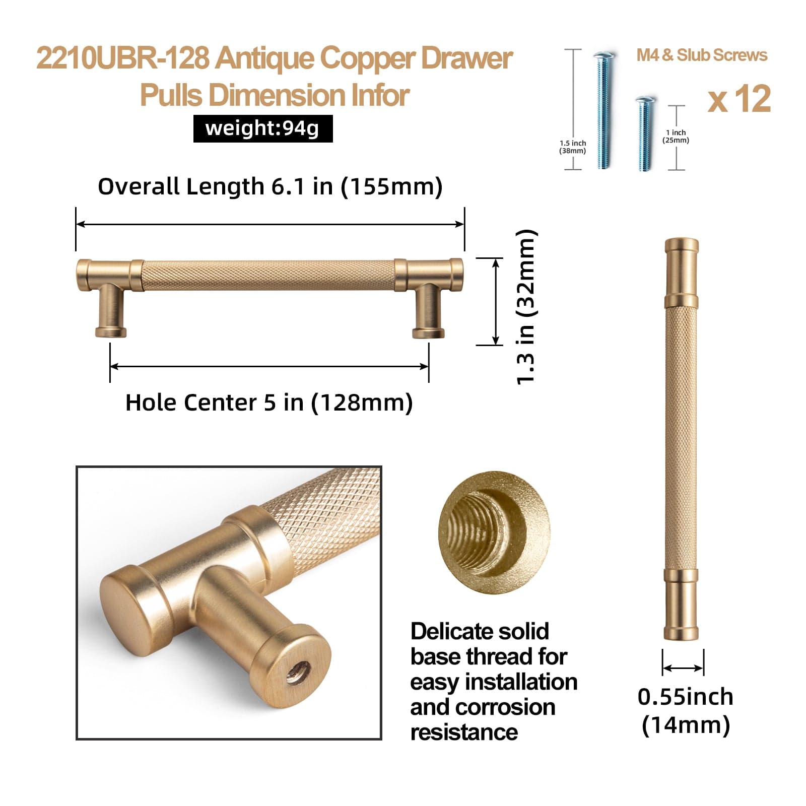 Goo-Ki Knurled Metal Alloy Vintage Bronze Bar Pull Kitchen Hardware