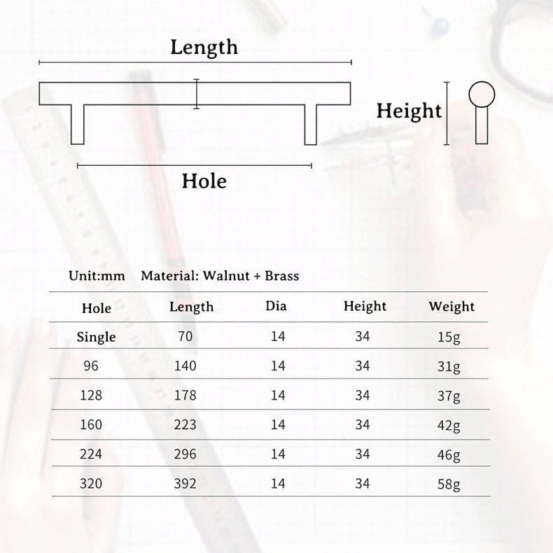 Goo-Ki Natural Walnut + Brass Furniture Handle Wooden Kitchen Cabinet Pull