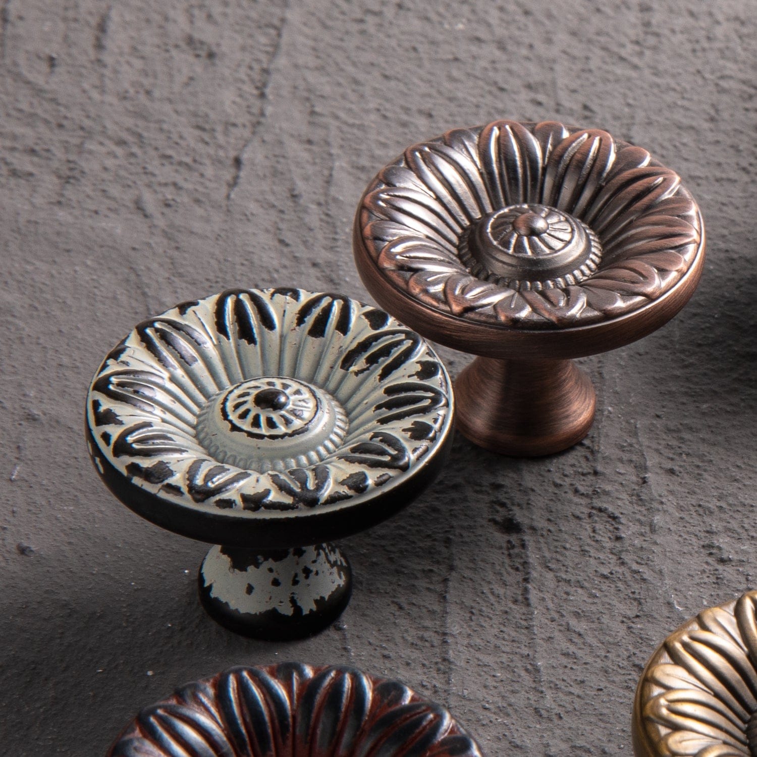 Goo-Ki Ornate Sunflower Embossed Cabinet Knobs Distressed Multi-Tone Zinc Alloy Furniture Hardware