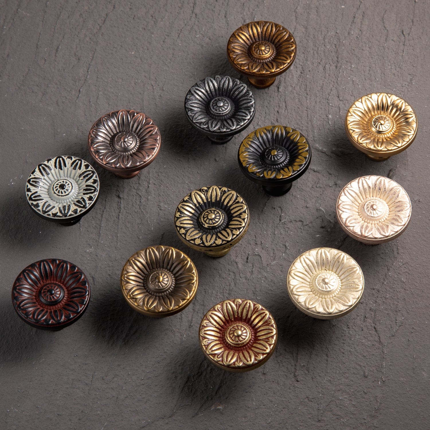 Goo-Ki Ornate Sunflower Embossed Cabinet Knobs Distressed Multi-Tone Zinc Alloy Furniture Hardware