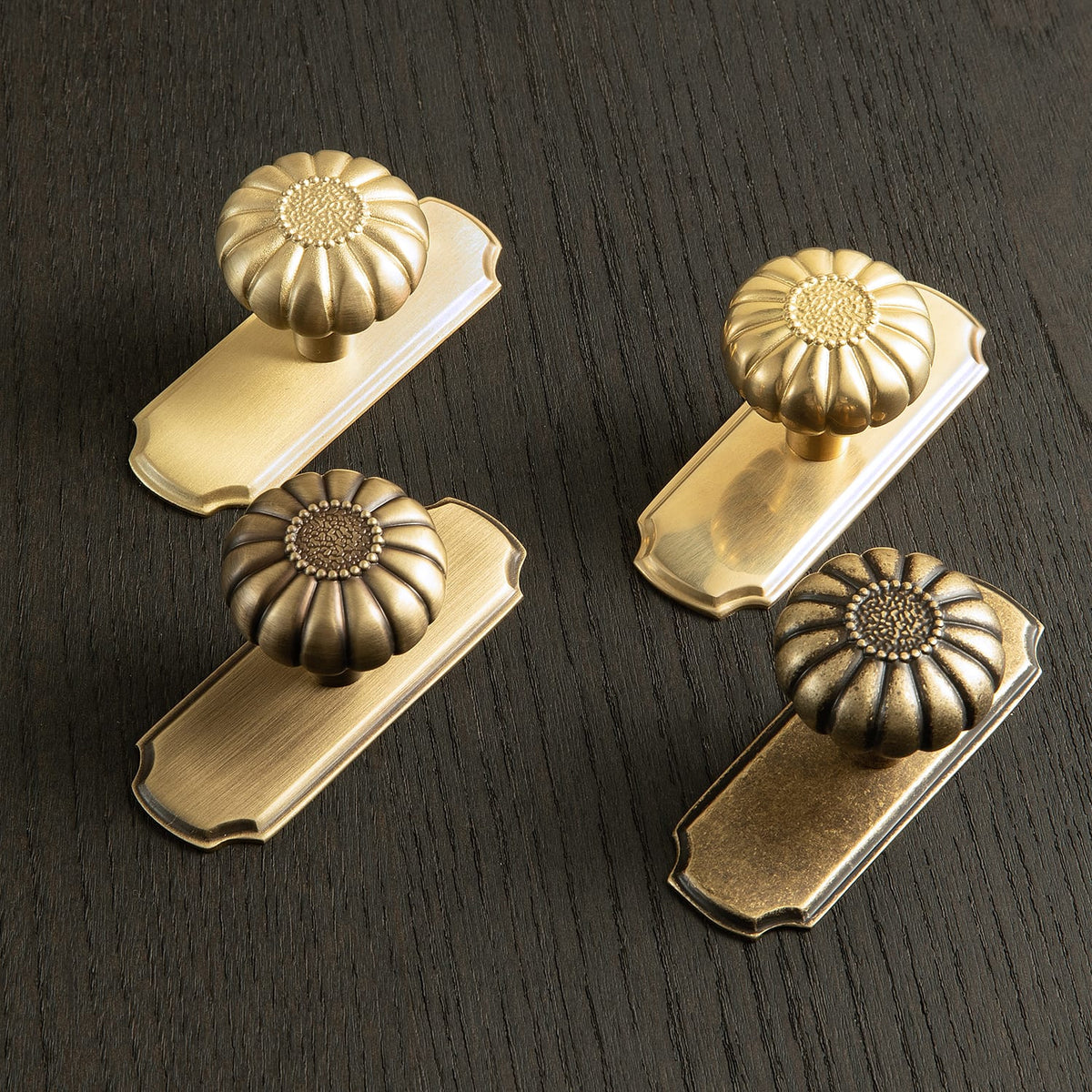 Goo-Ki Solid Brass Pumpkin Flower Cabinet Knob with Decorative Backplate, Vintage Drawer Knob for Furniture Hardware