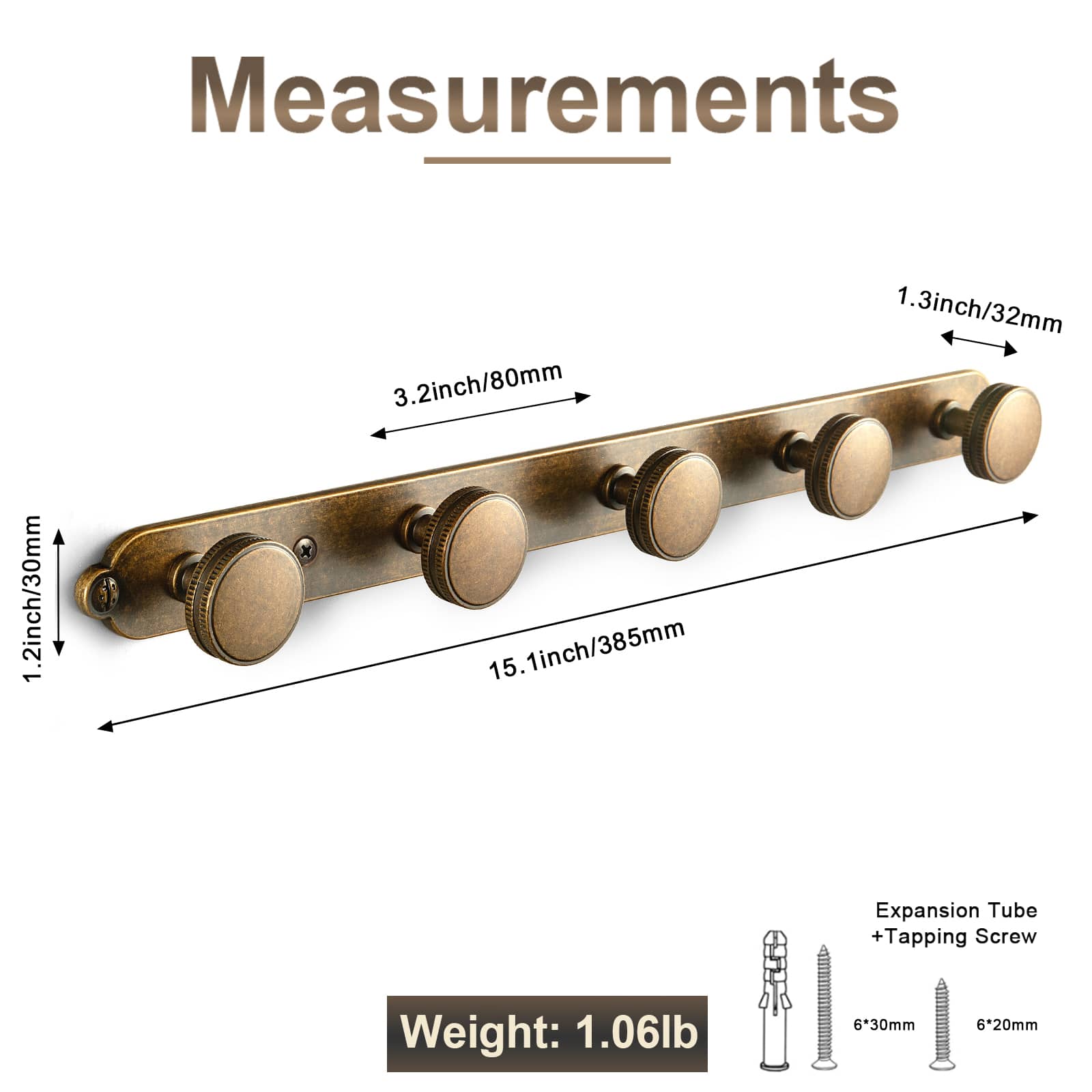 Goo-Ki Vintage Zinc Alloy Coat Hook Rail with Knurled Round Knobs, Wall-Mounted Hanger Rack for Entryway, Bathroom & Closet