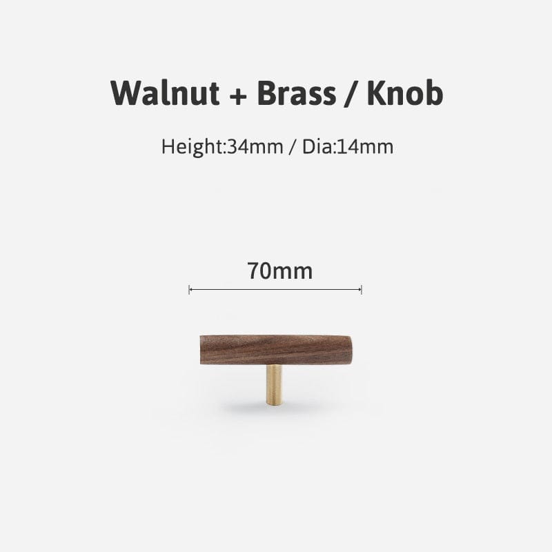 Goo-Ki Walnut / T Knob / 6 Pack Natural Walnut + Brass Furniture Handle Wooden Kitchen Cabinet Pull
