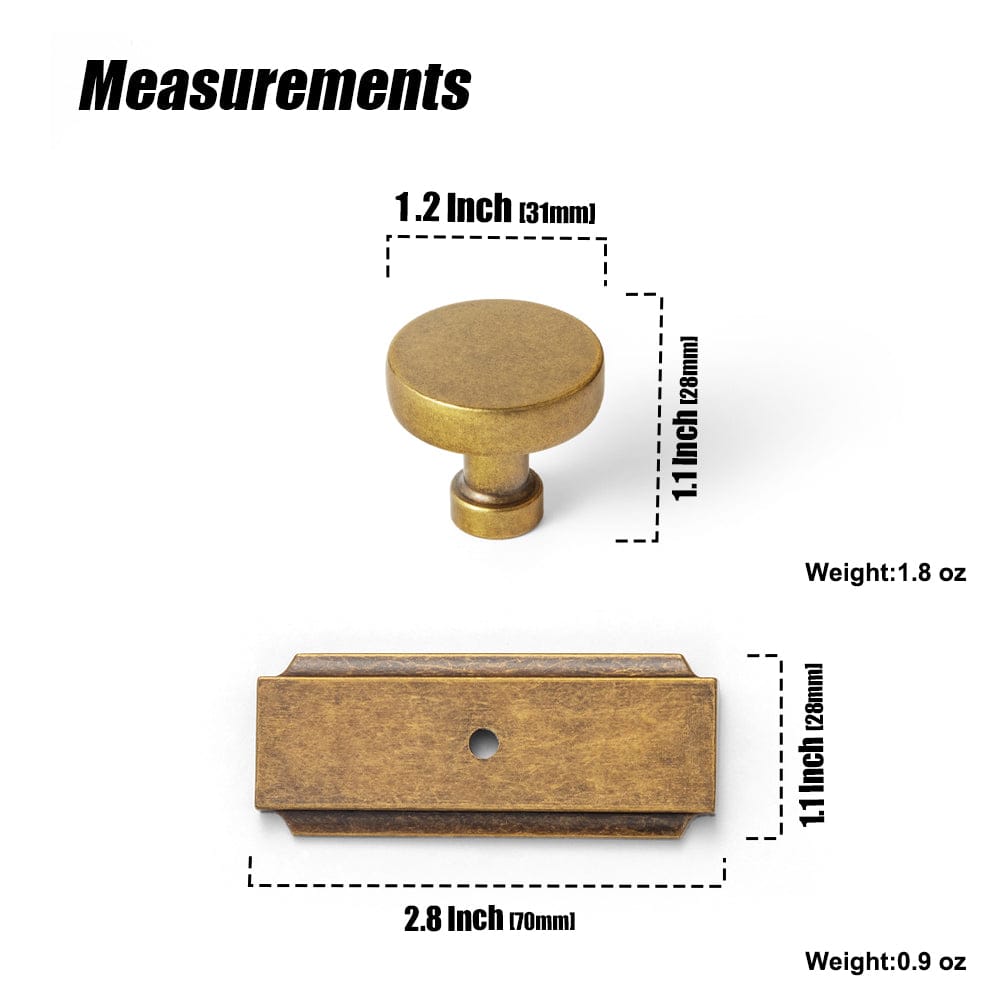 Vintage Brass Zinc Alloy Cabinet Knob with Back Plate Single Hole Center Kitchen Hardware