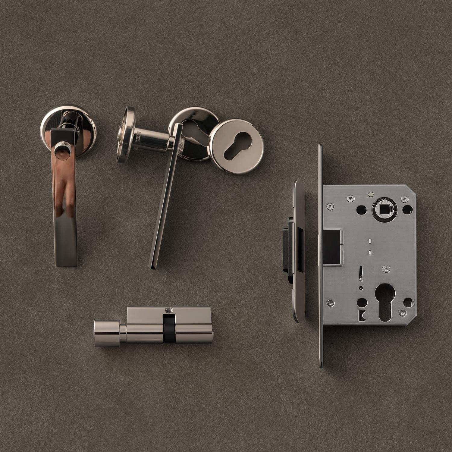 TONA All Set Mid-century Modern Solid Brass Interior Door Lock Titanium Silver Bedroom Door Handle