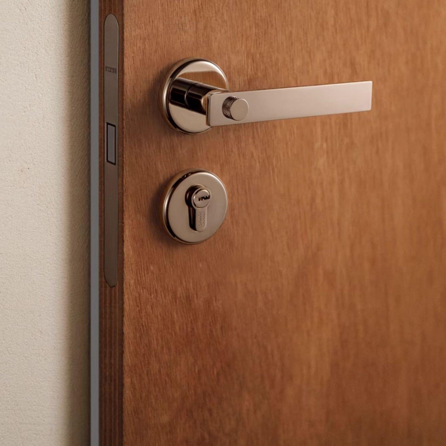 TONA Mid-century Modern Solid Brass Interior Door Lock Titanium Silver Bedroom Door Handle