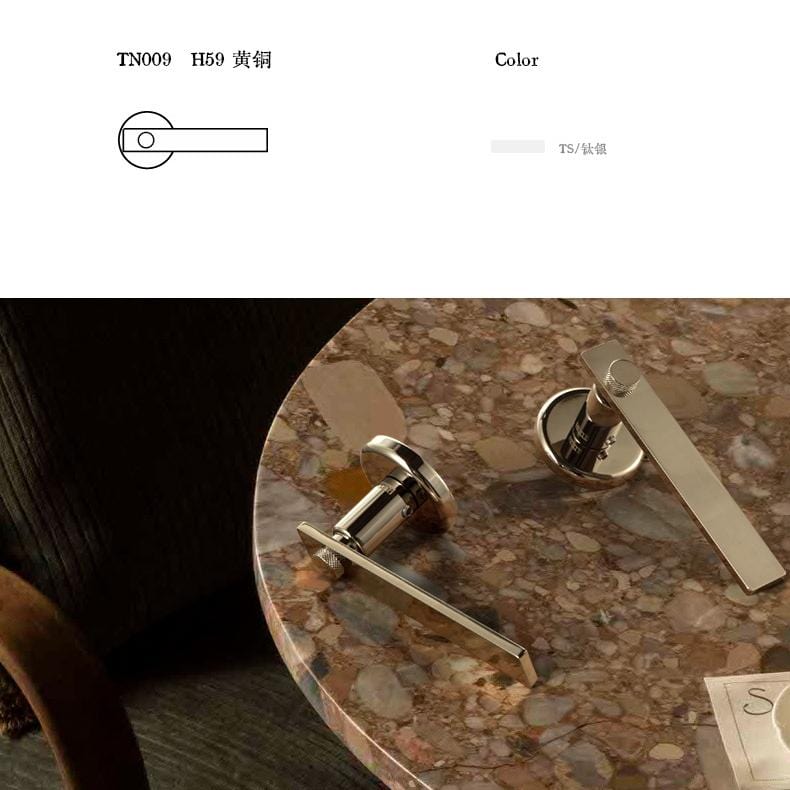 TONA Mid-century Modern Solid Brass Interior Door Lock Titanium Silver Bedroom Door Handle