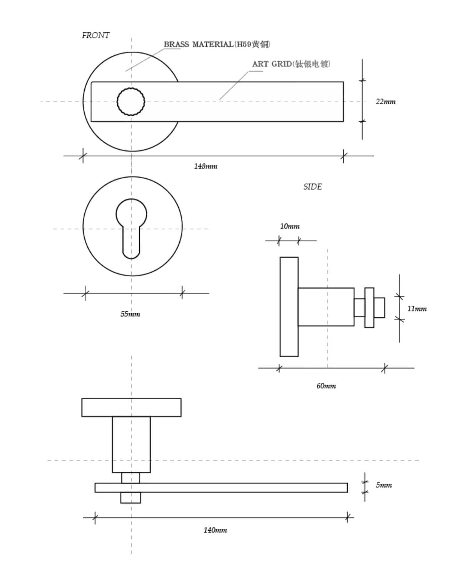 TONA Mid-century Modern Solid Brass Interior Door Lock Titanium Silver Bedroom Door Handle