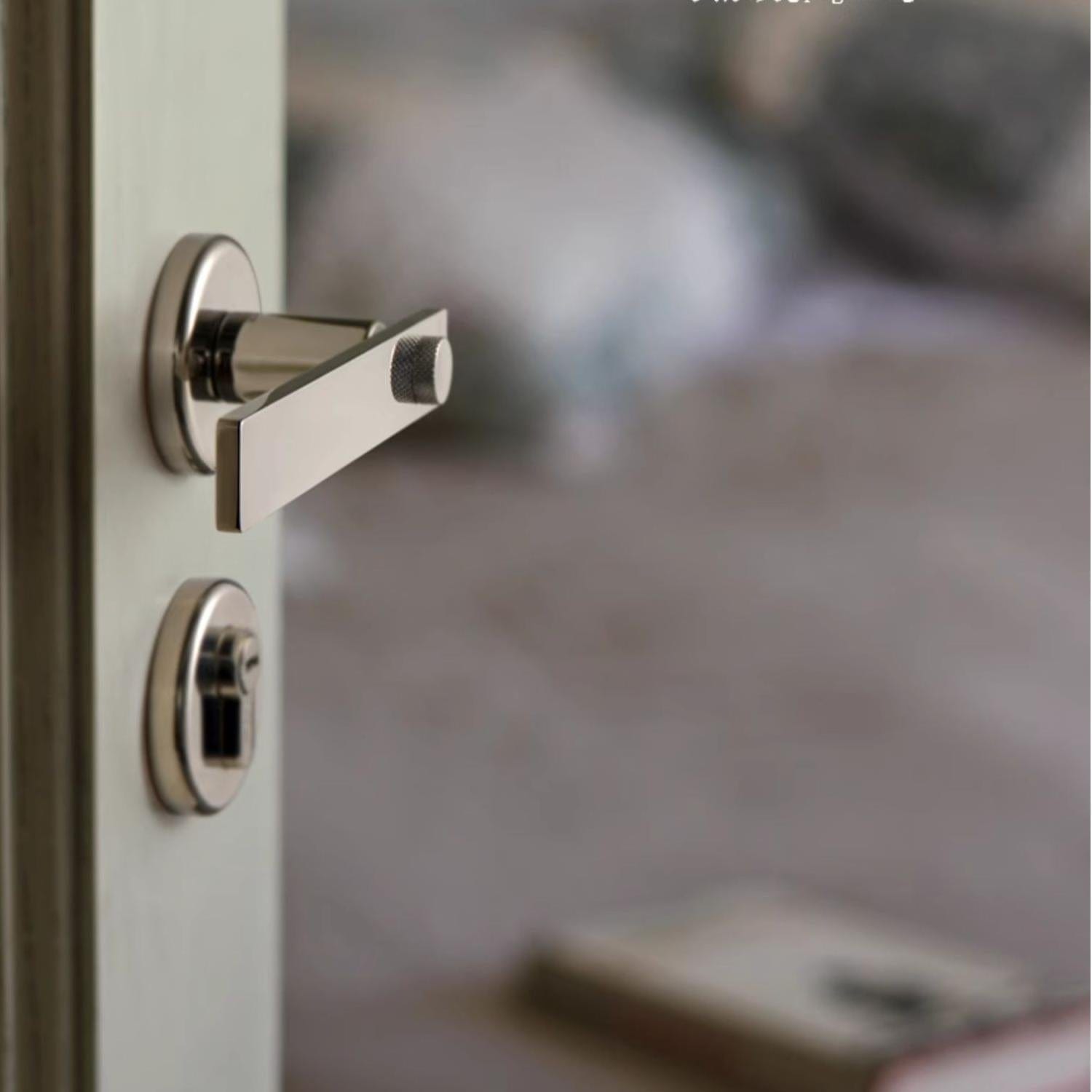 TONA Mid-century Modern Solid Brass Interior Door Lock Titanium Silver Bedroom Door Handle