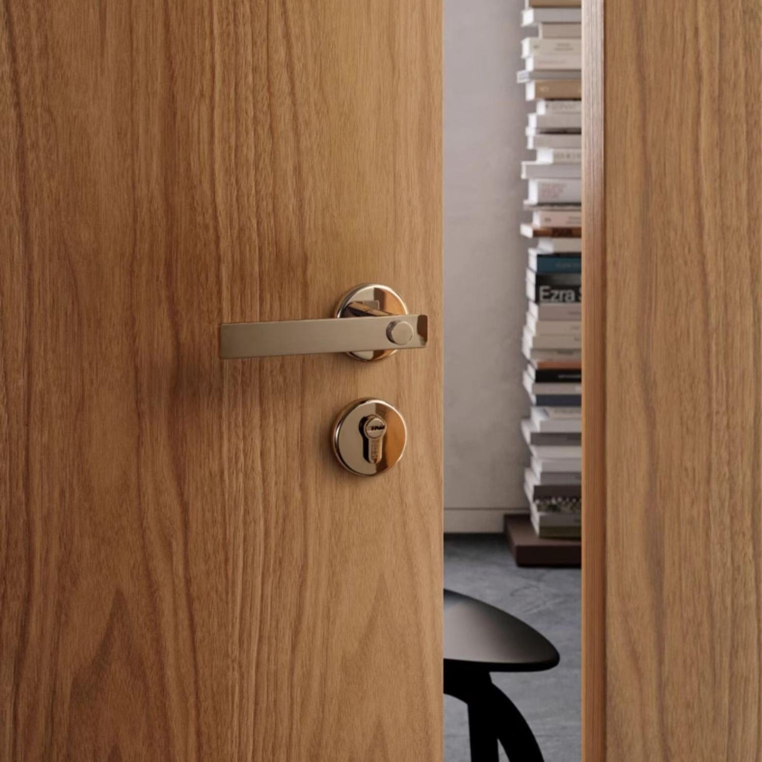 TONA Mid-century Modern Solid Brass Interior Door Lock Titanium Silver Bedroom Door Handle