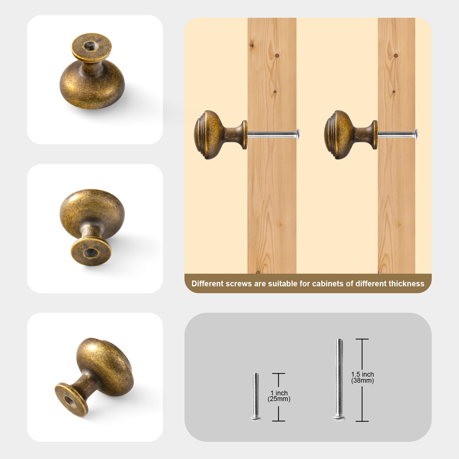 Antique Brass Ribbed Mushroom Cabinet Knob Zinc Alloy Vintage Round Drawer Knob, Farmhouse Traditional Furniture Hardware