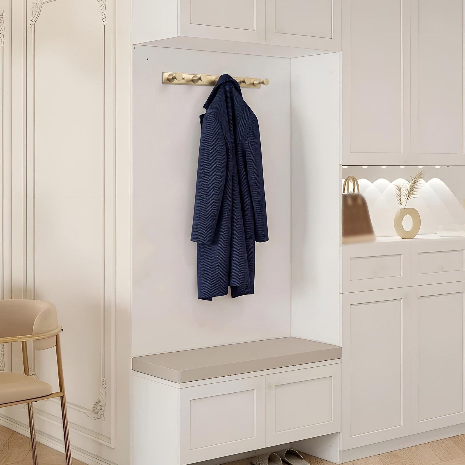 Wall Mount Hook Rail, Zinc Alloy Backplate with Aluminum Hooks for Entryway & Bathroom Organization