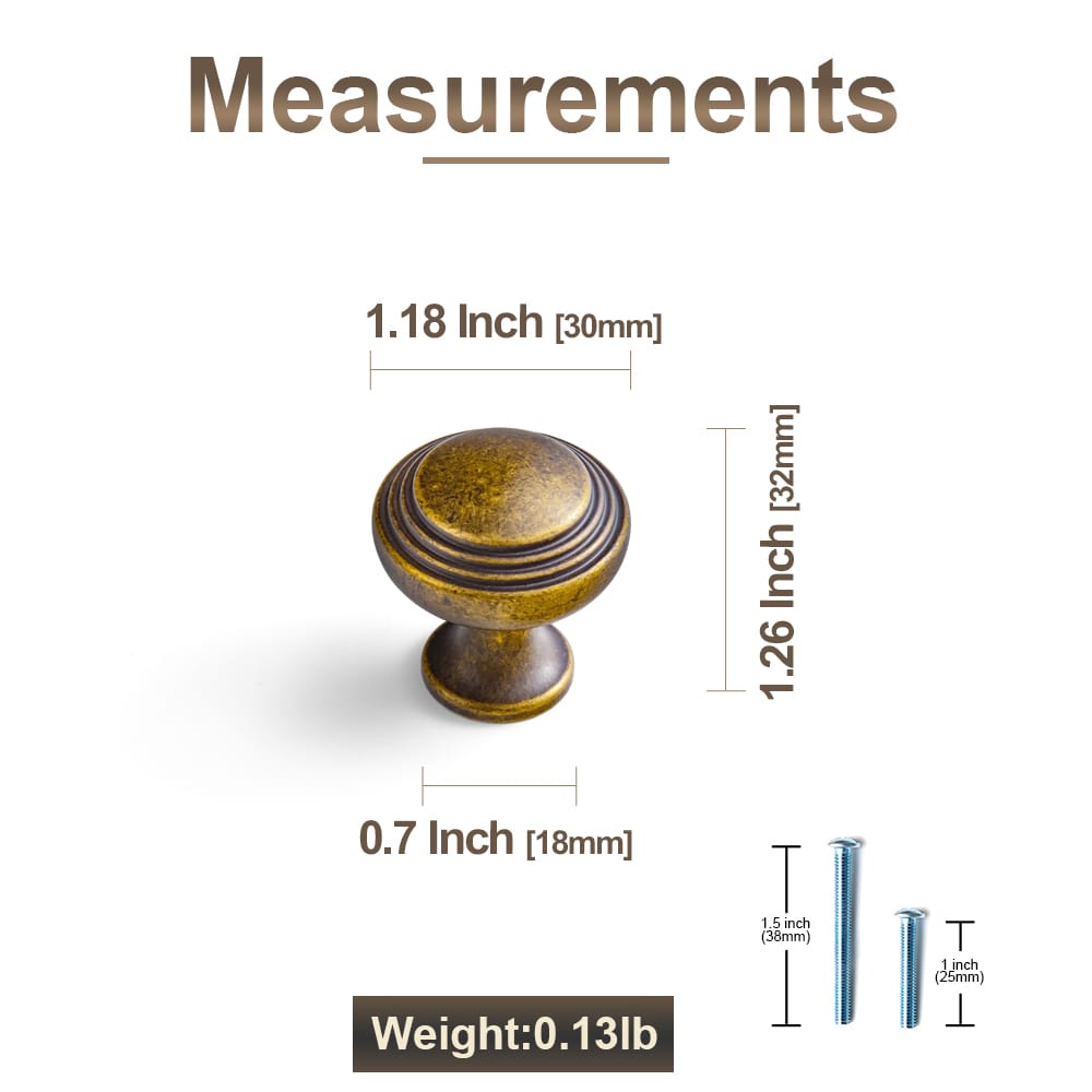 Antique Brass Ribbed Mushroom Cabinet Knob Zinc Alloy Vintage Round Drawer Knob, Farmhouse Traditional Furniture Hardware