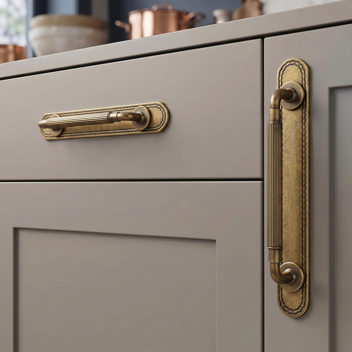 2 Pack Zinc Alloy Fluted Cabinet Handles with Ornate Backplates, Grooved Bar Pulls for Furniture Cabinet Hardware