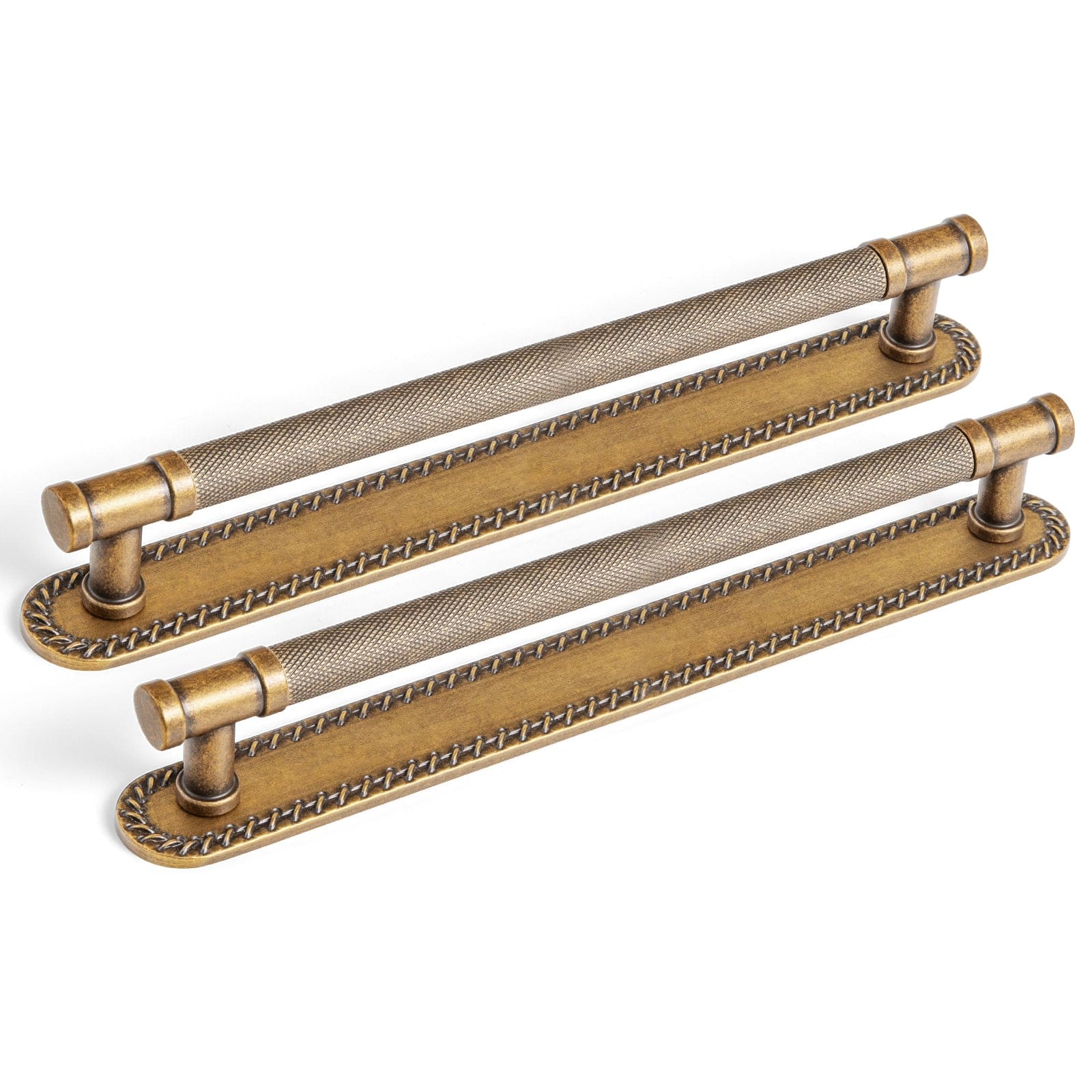 Goo-Ki Antique Brass / G016 / 7.6'' Hole Center 2 Pack Knurled Metal Alloy Vintage Bronze Bar Pull with Back Plate Kitchen Hardware