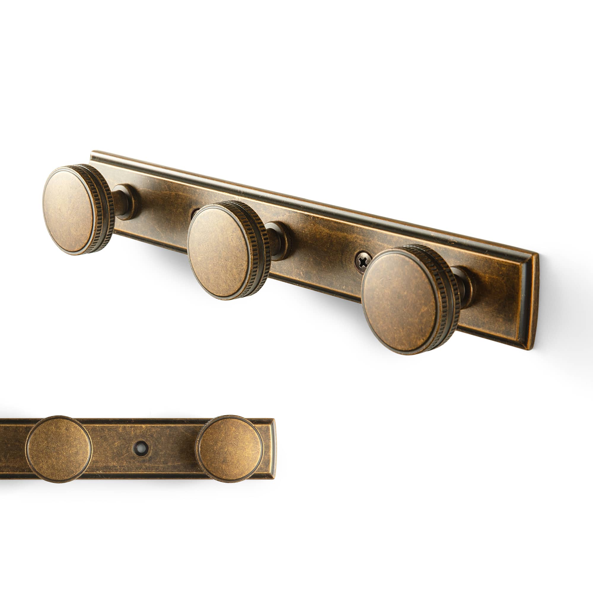 Goo-Ki Antique Brass / H011 / 3 Vintage Zinc Alloy Coat Hook Rail with Knurled Round Knobs, Wall-Mounted Hanger Rack for Entryway, Bathroom & Closet