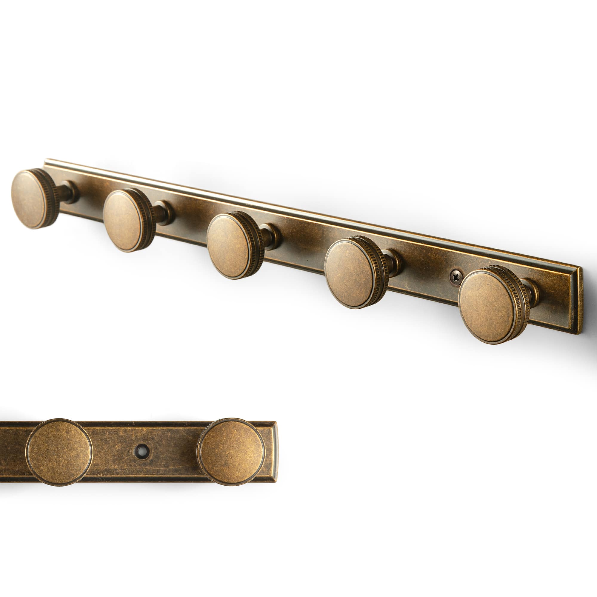 Goo-Ki Antique Brass / H011 / 5 Vintage Zinc Alloy Coat Hook Rail with Knurled Round Knobs, Wall-Mounted Hanger Rack for Entryway, Bathroom & Closet