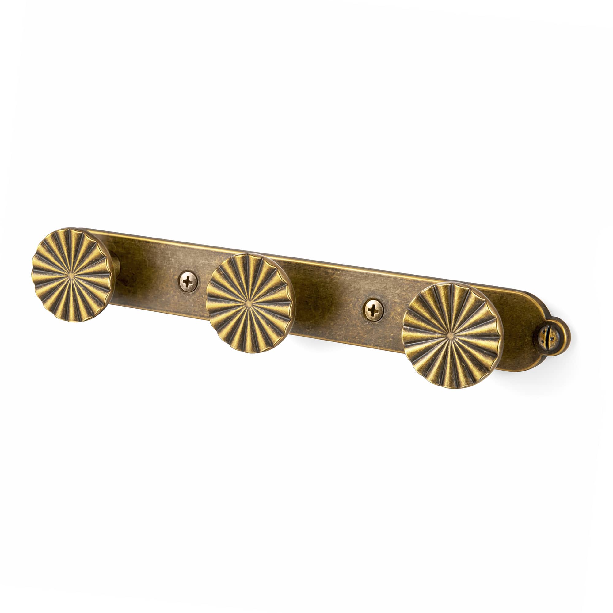 Goo-Ki Antique Brass / H013 / 3 Zinc Alloy Coat Hook Bar with Ornate Radiating Sunburst Knobs, Wall Mounted Robe Hanger for Entryway, Bathroom & Closet