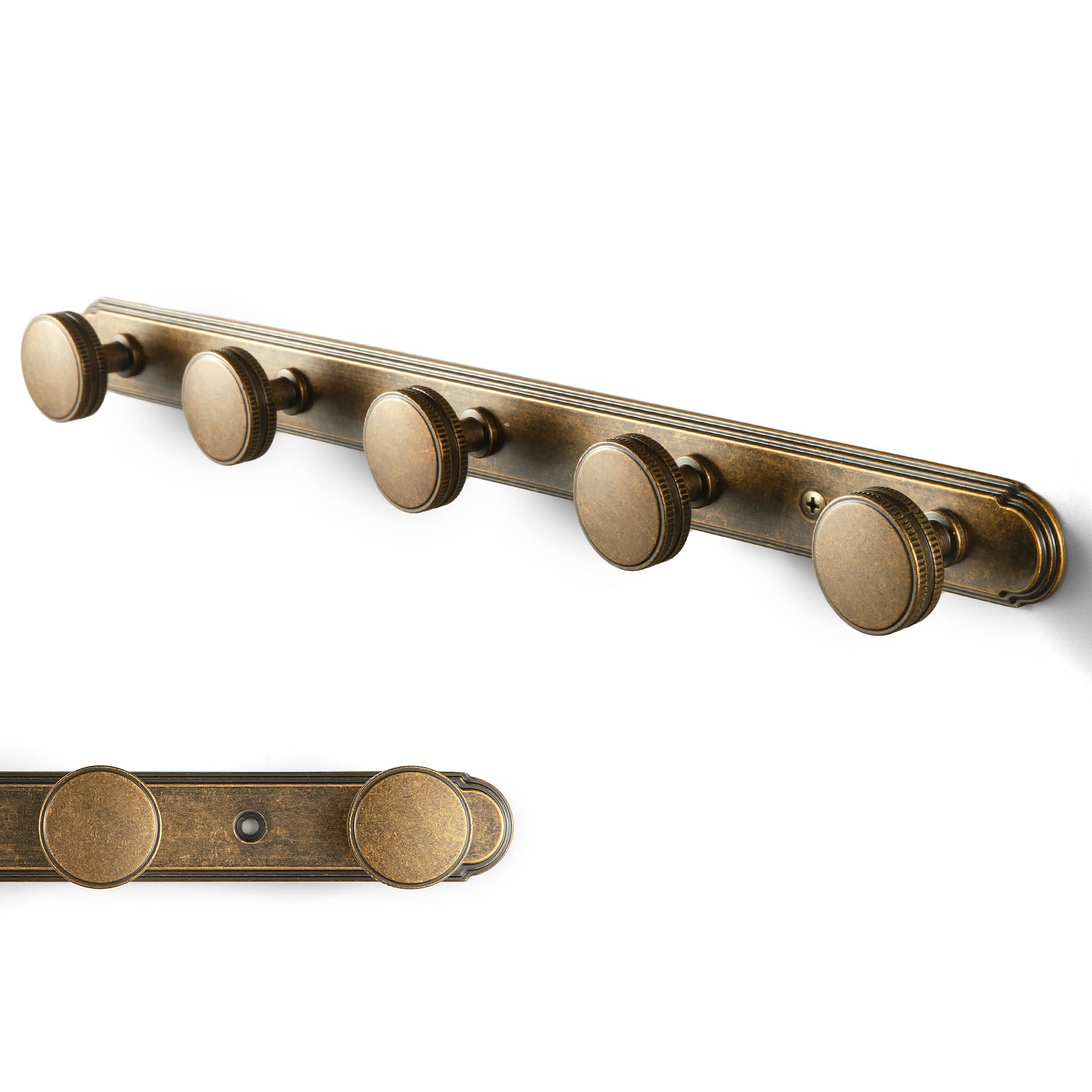 Goo-Ki Antique Brass / H014 / 5 Vintage Zinc Alloy Coat Hook Rail with Knurled Round Knobs, Wall-Mounted Hanger Rack for Entryway, Bathroom & Closet
